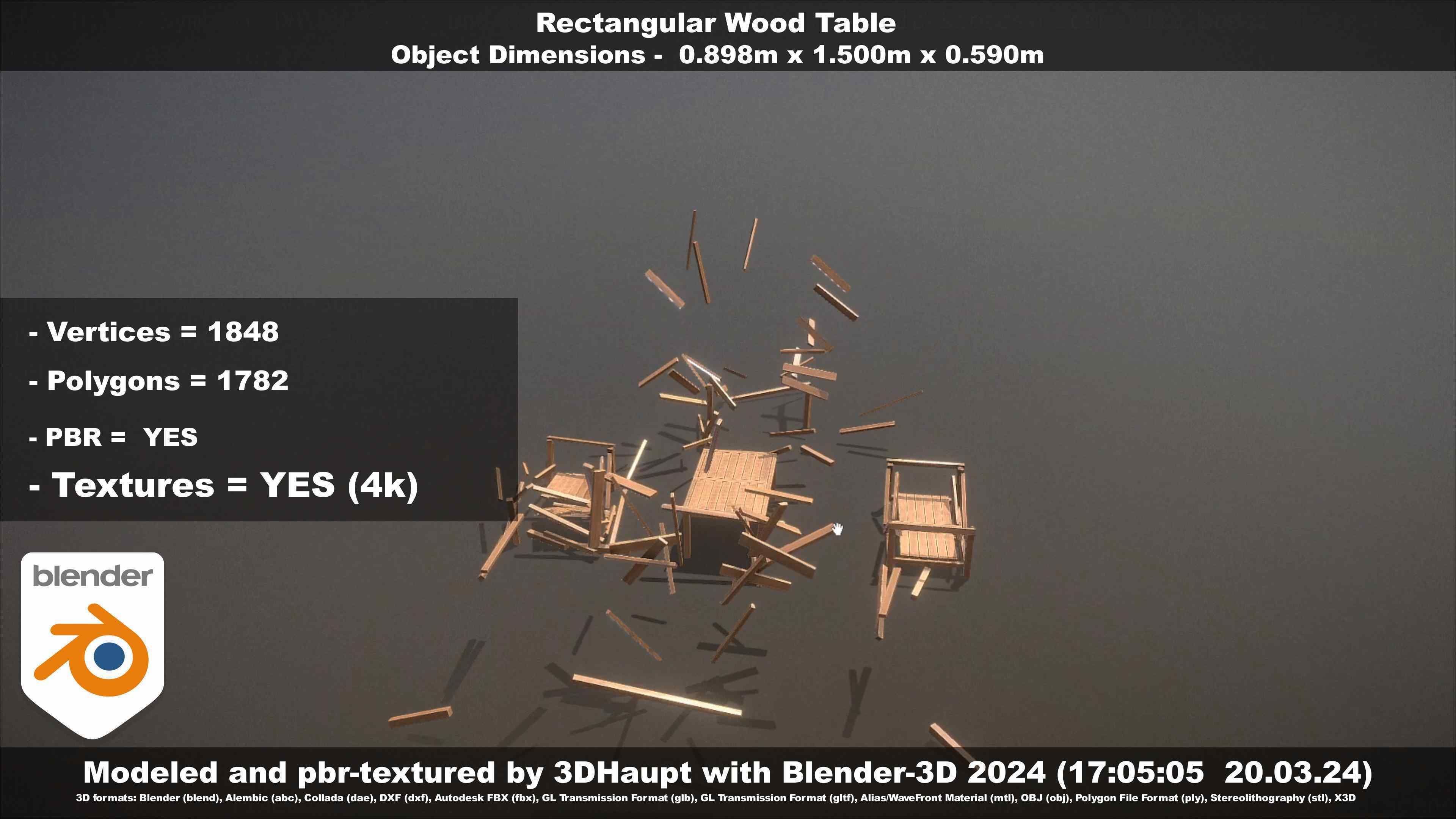 Rectangular Wood Table with Destruction Animations Low-poly 3D model_83