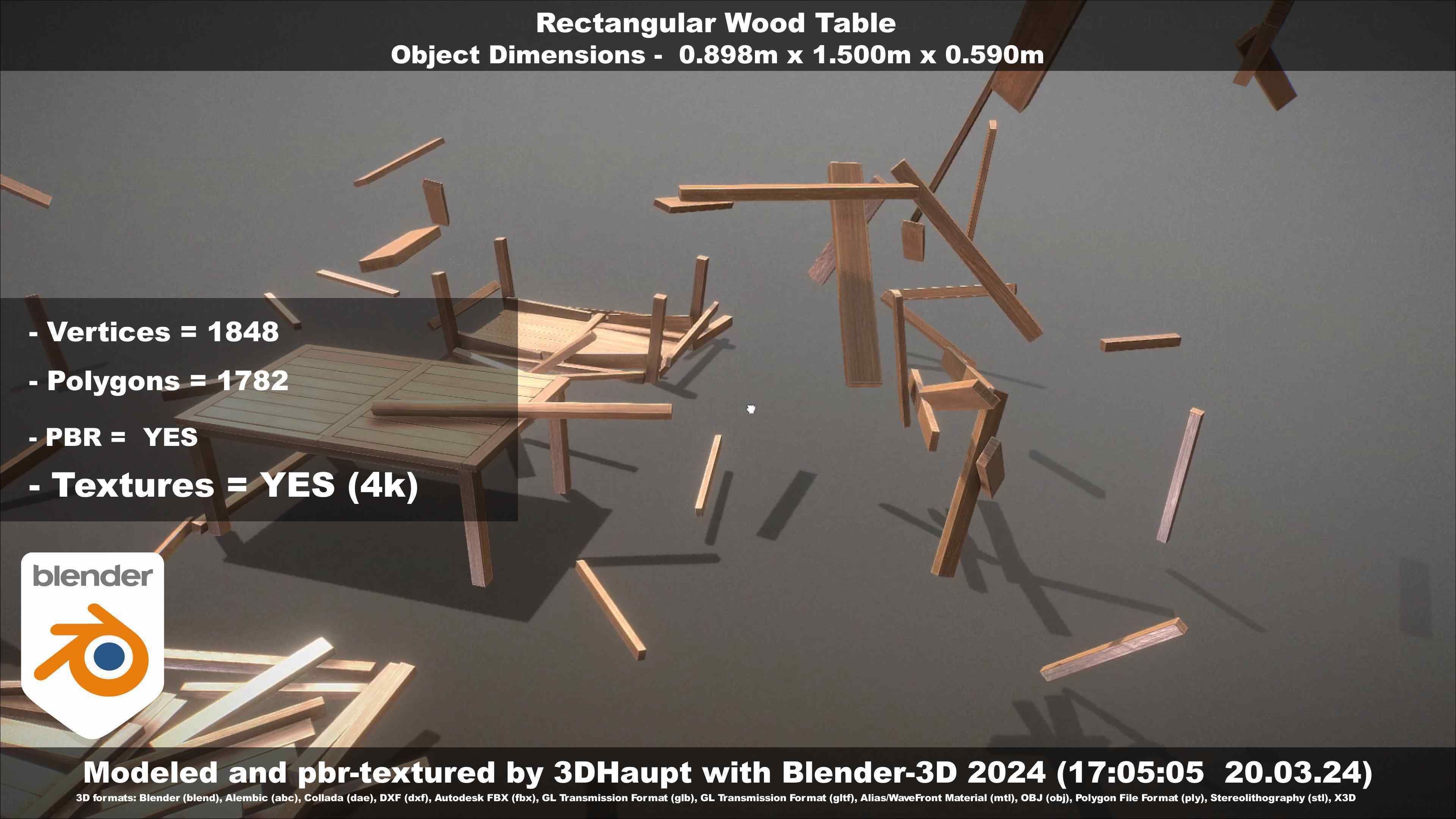 Rectangular Wood Table with Destruction Animations Low-poly 3D model_111