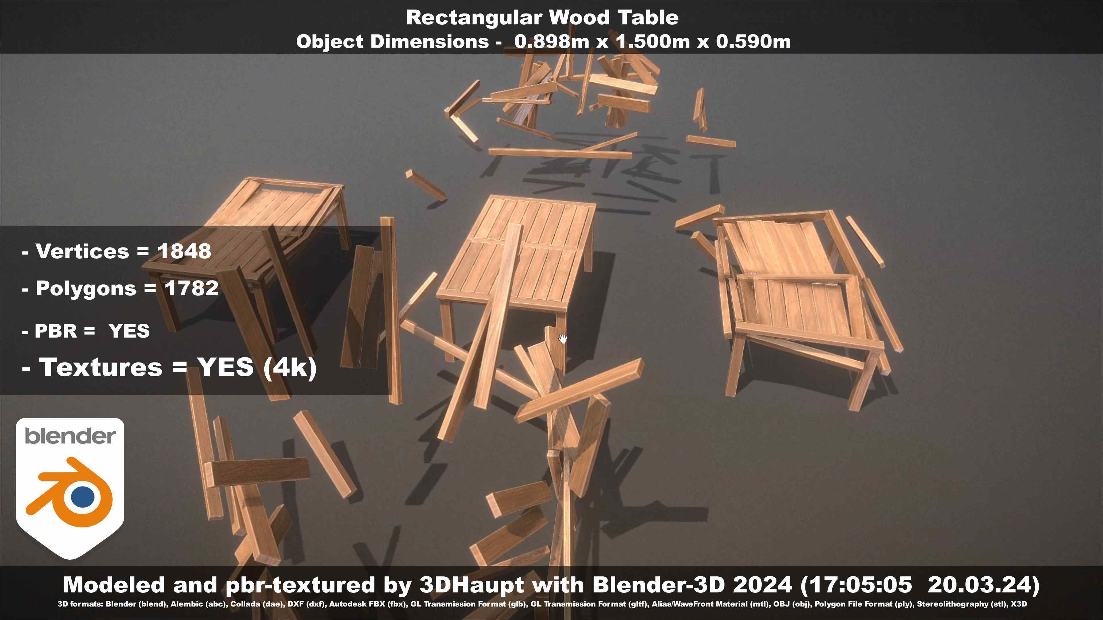 Rectangular Wood Table with Destruction Animations Low-poly 3D model_86