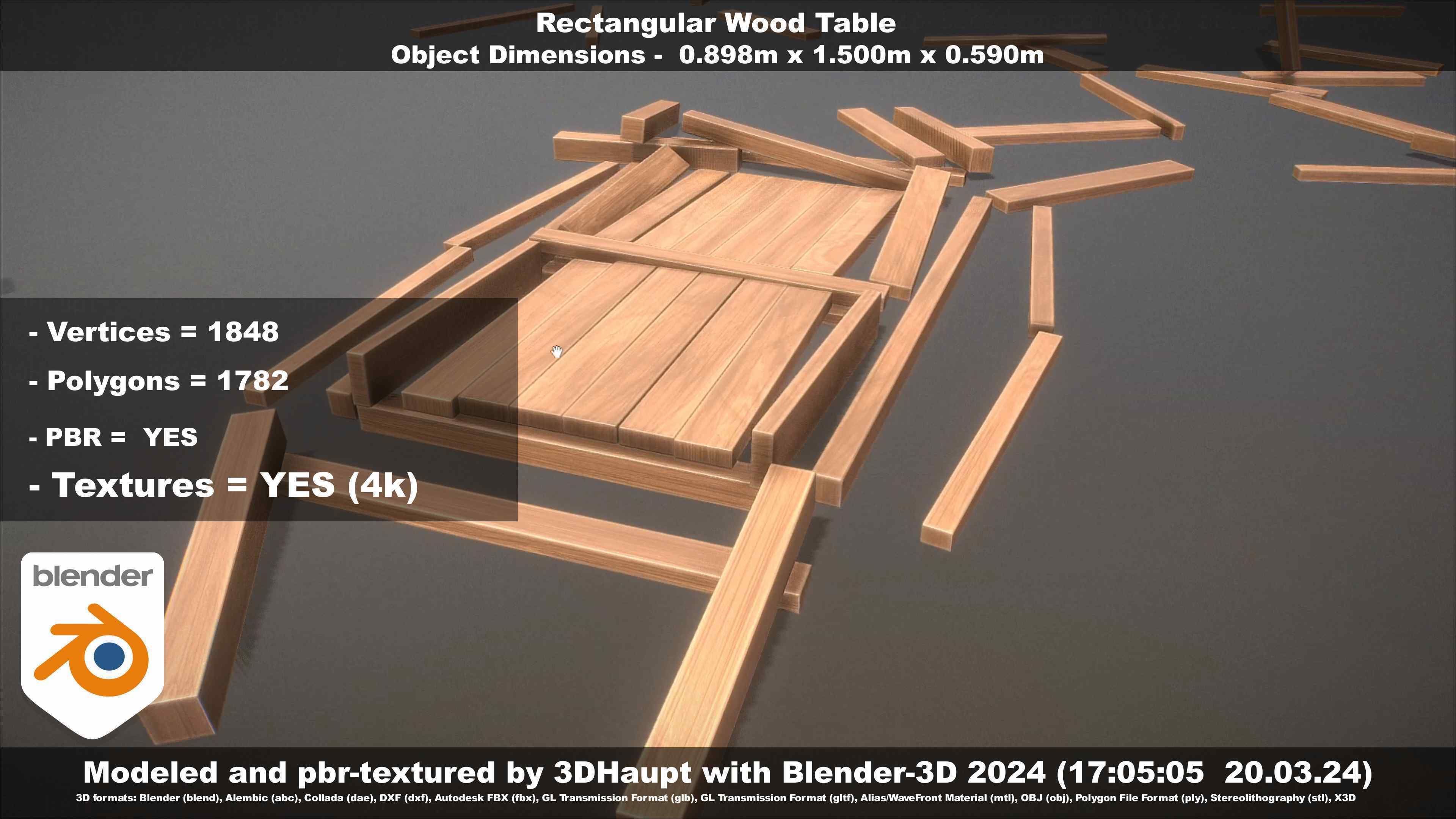 Rectangular Wood Table with Destruction Animations Low-poly 3D model_101