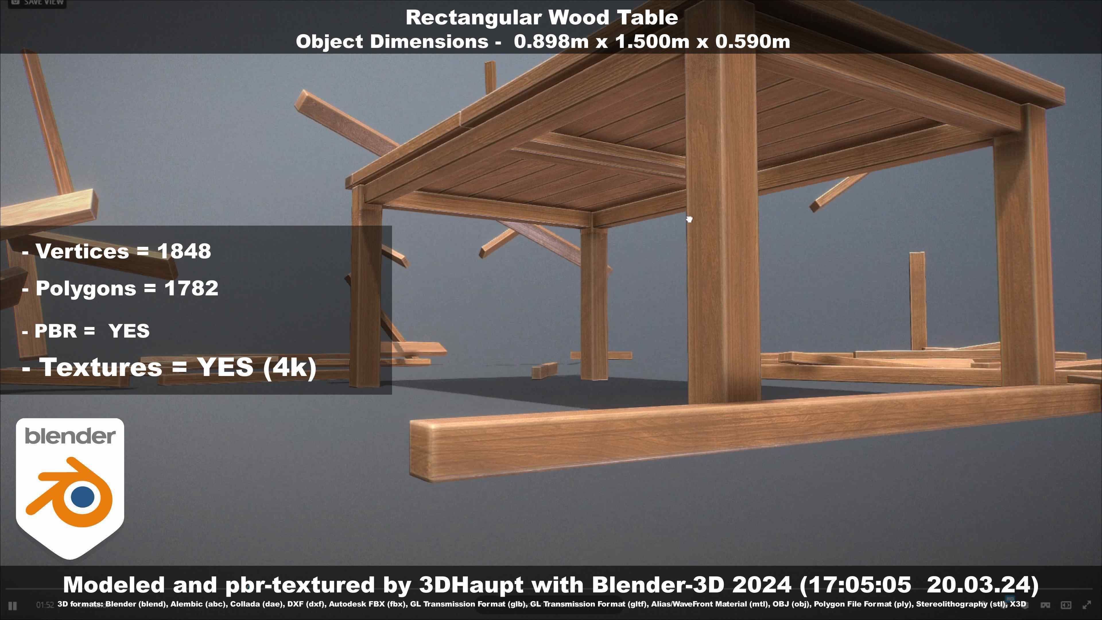 Rectangular Wood Table with Destruction Animations Low-poly 3D model_142