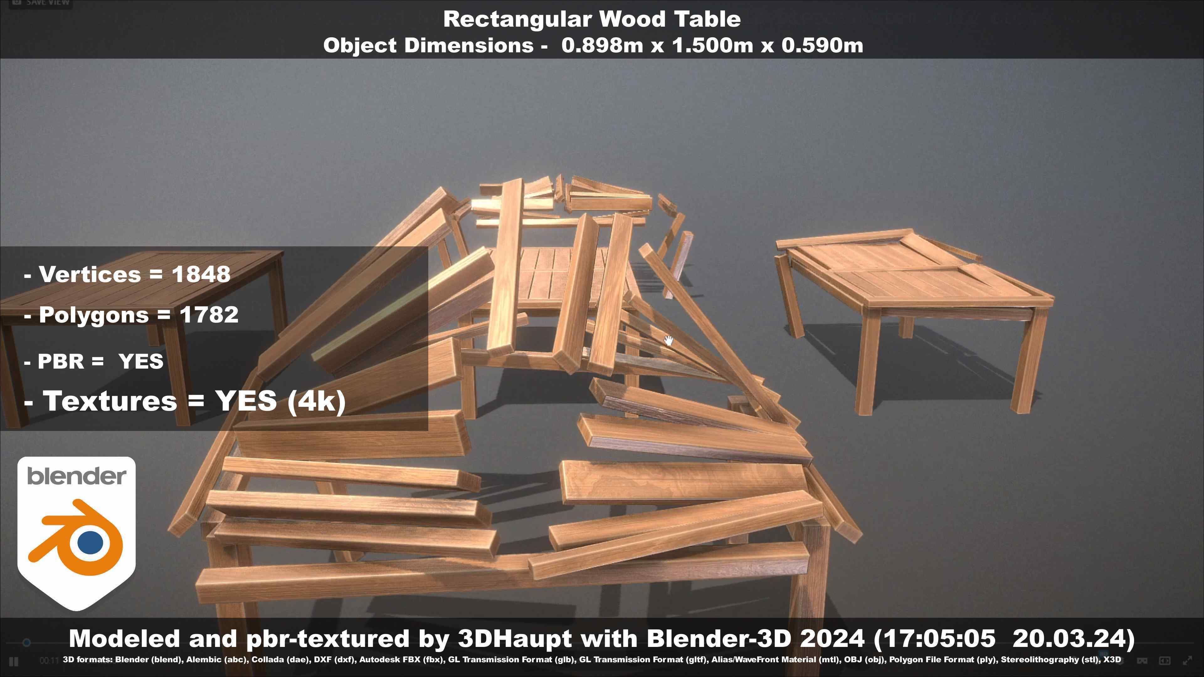 Rectangular Wood Table with Destruction Animations Low-poly 3D model_44