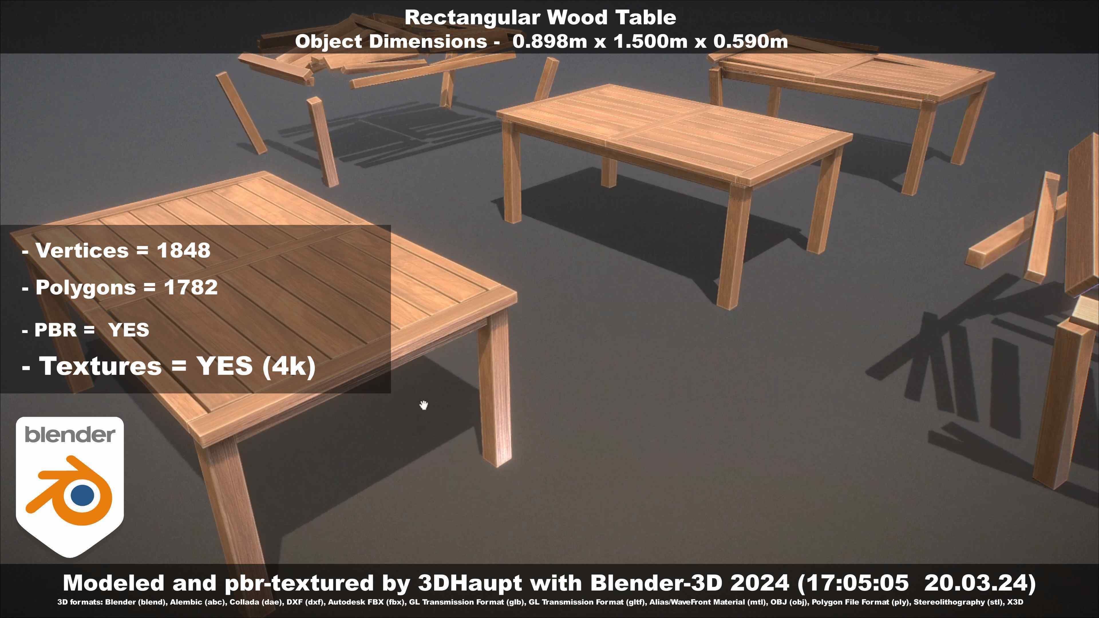 Rectangular Wood Table with Destruction Animations Low-poly 3D model_29