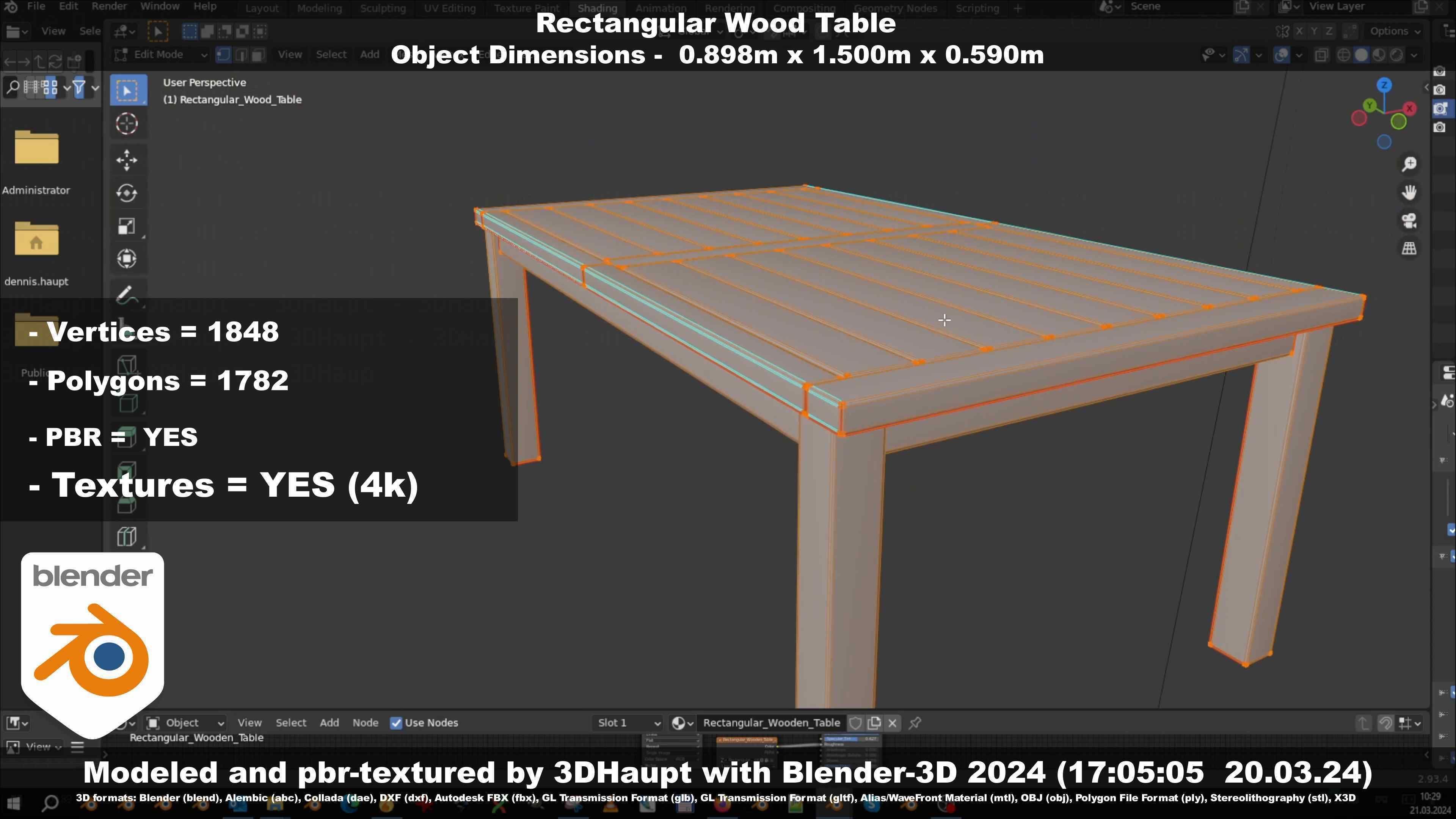 Rectangular Wood Table with Destruction Animations Low-poly 3D model_30