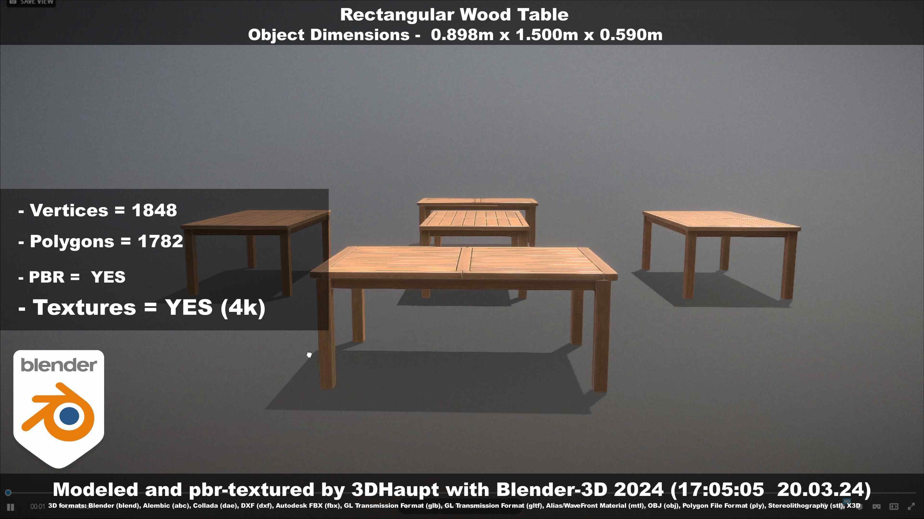 Rectangular Wood Table with Destruction Animations Low-poly 3D model_70