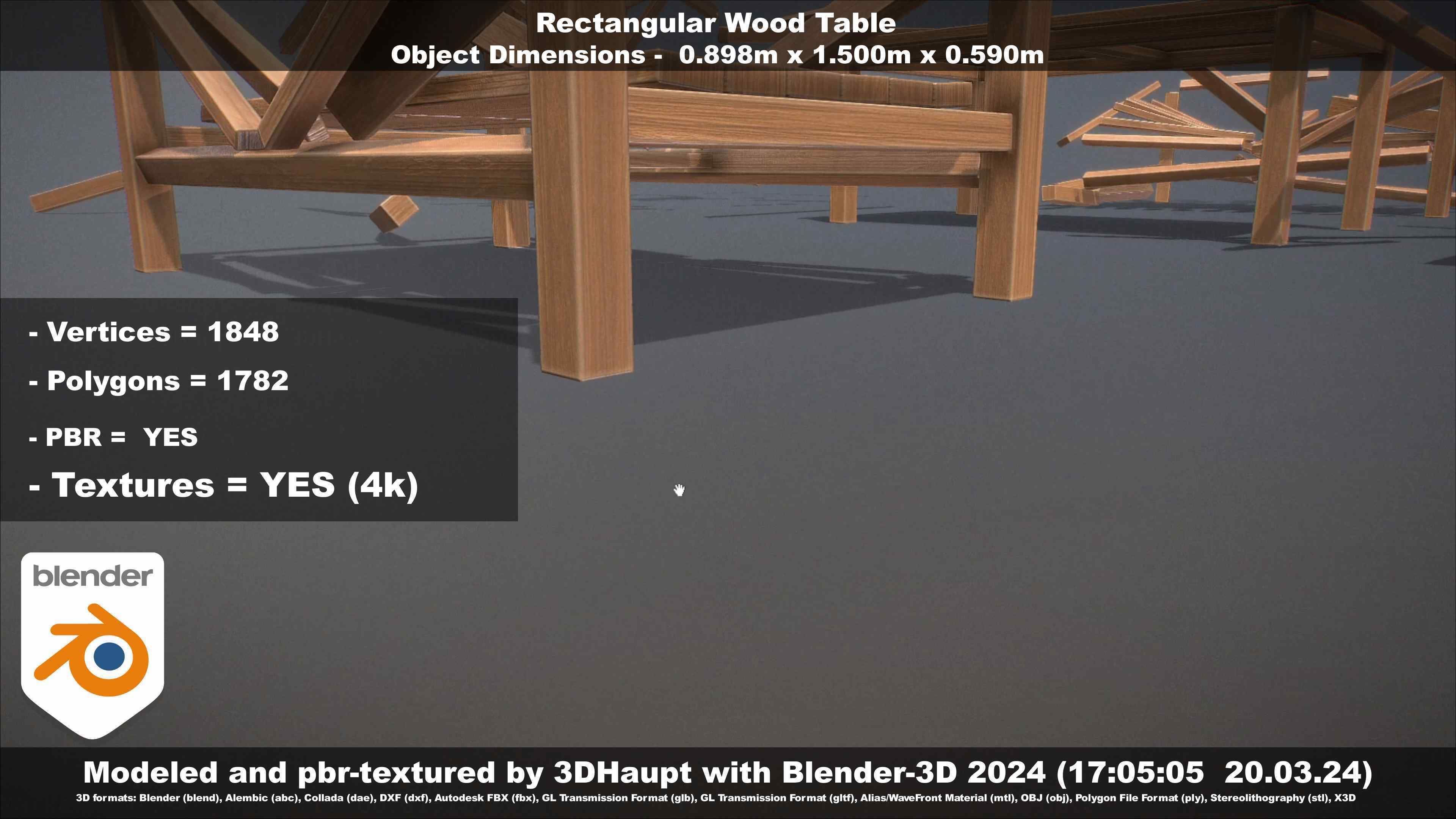 Rectangular Wood Table with Destruction Animations Low-poly 3D model_141