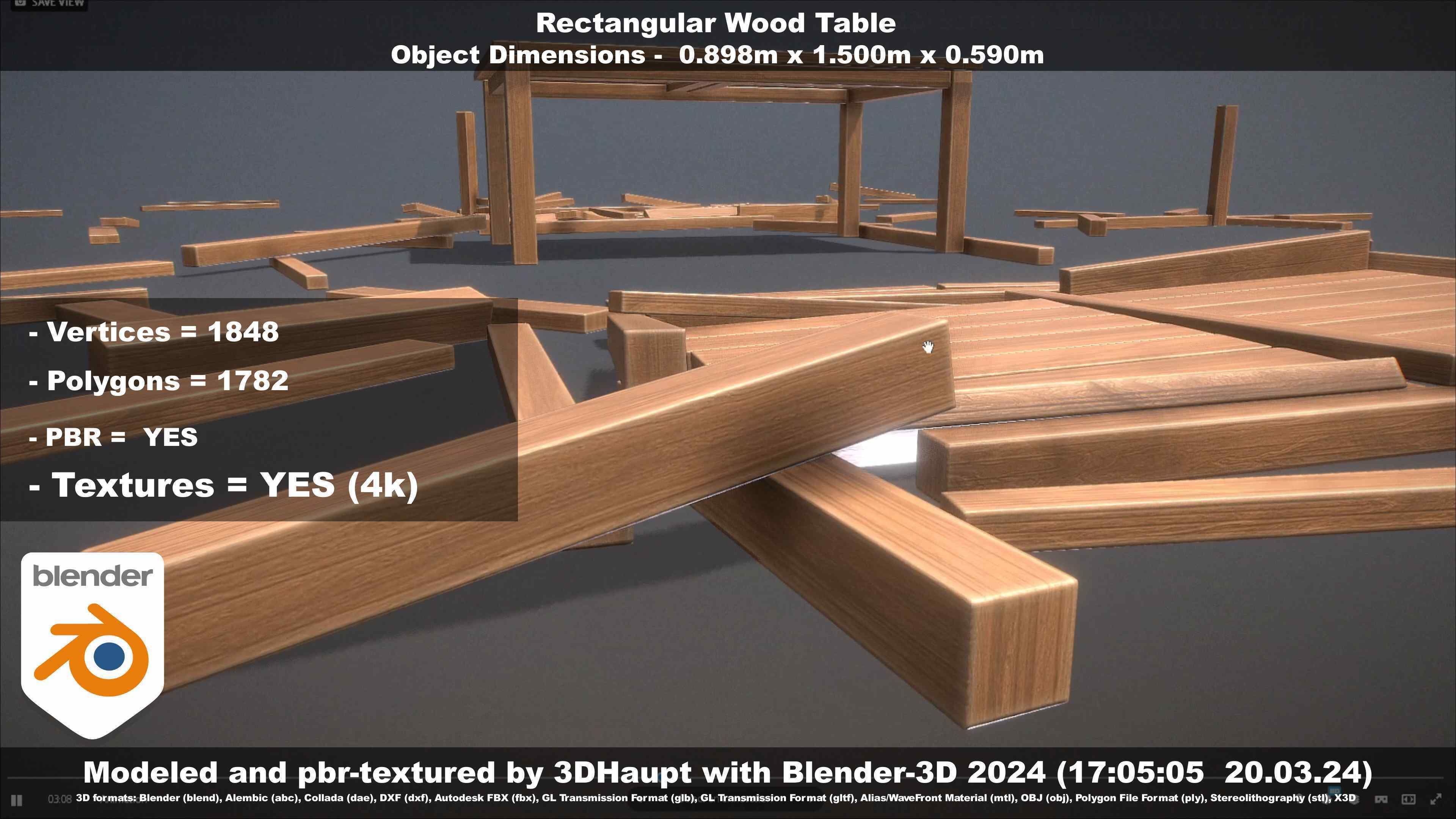 Rectangular Wood Table with Destruction Animations Low-poly 3D model_105
