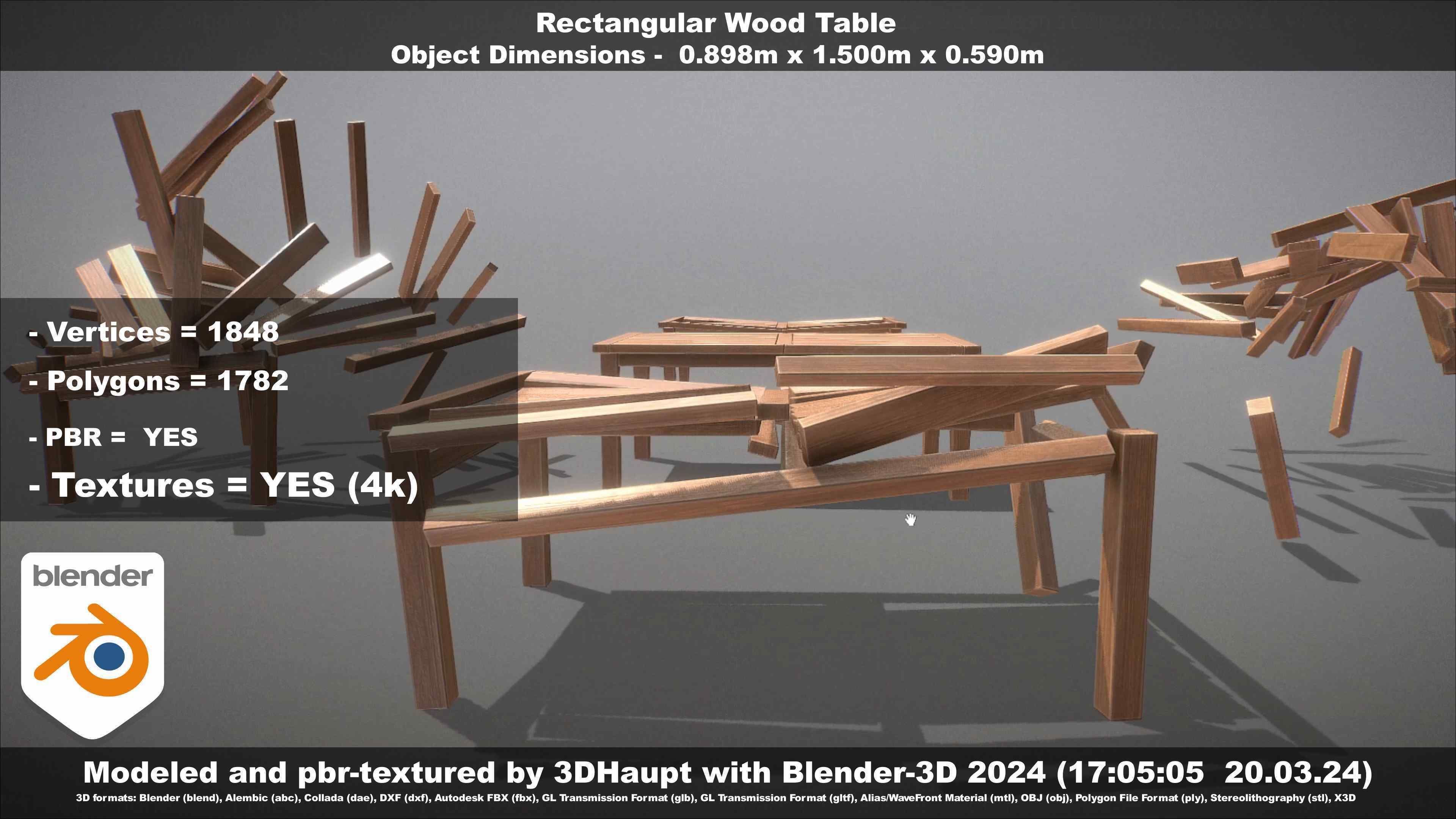 Rectangular Wood Table with Destruction Animations Low-poly 3D model_144