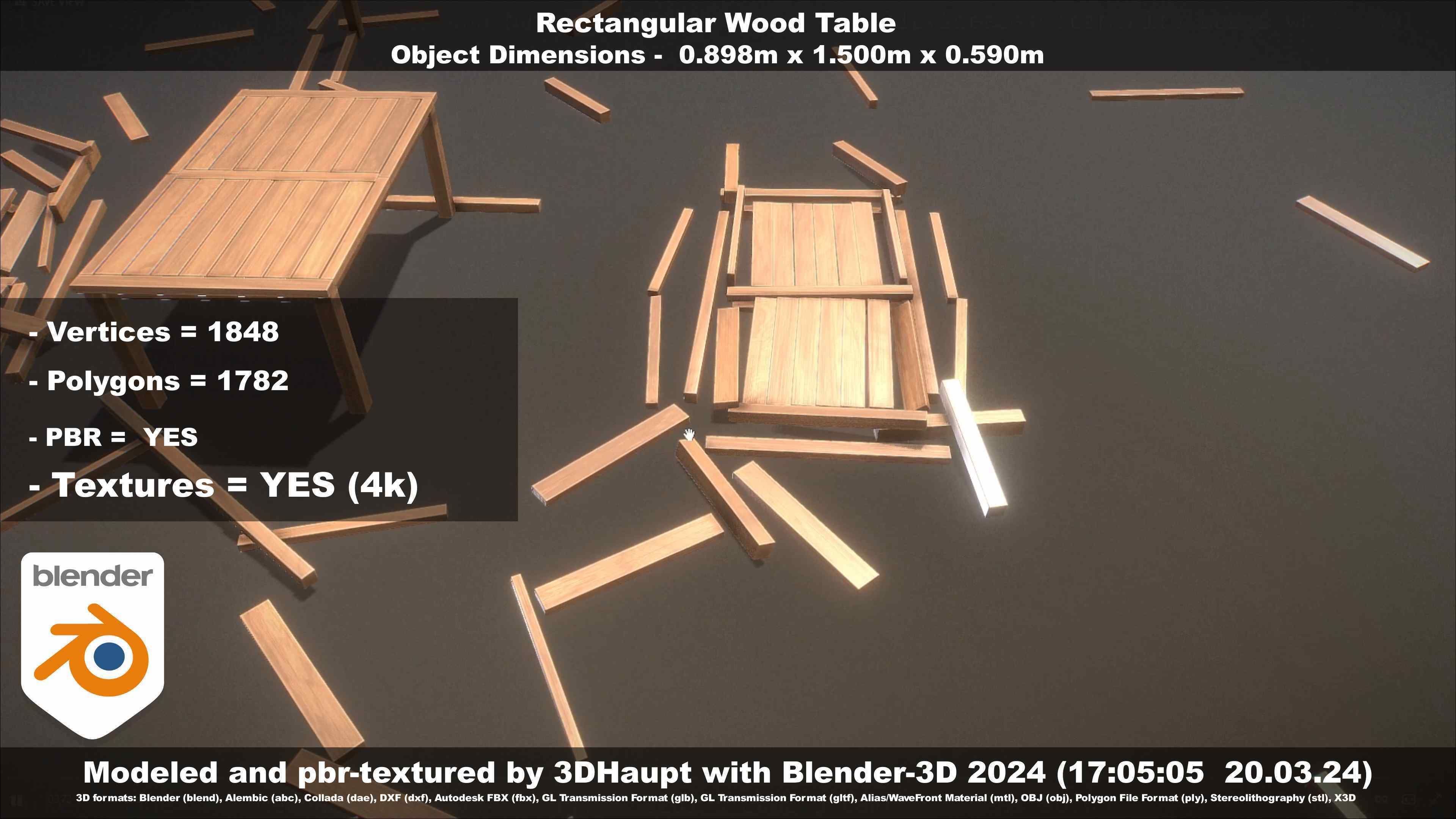 Rectangular Wood Table with Destruction Animations Low-poly 3D model_47