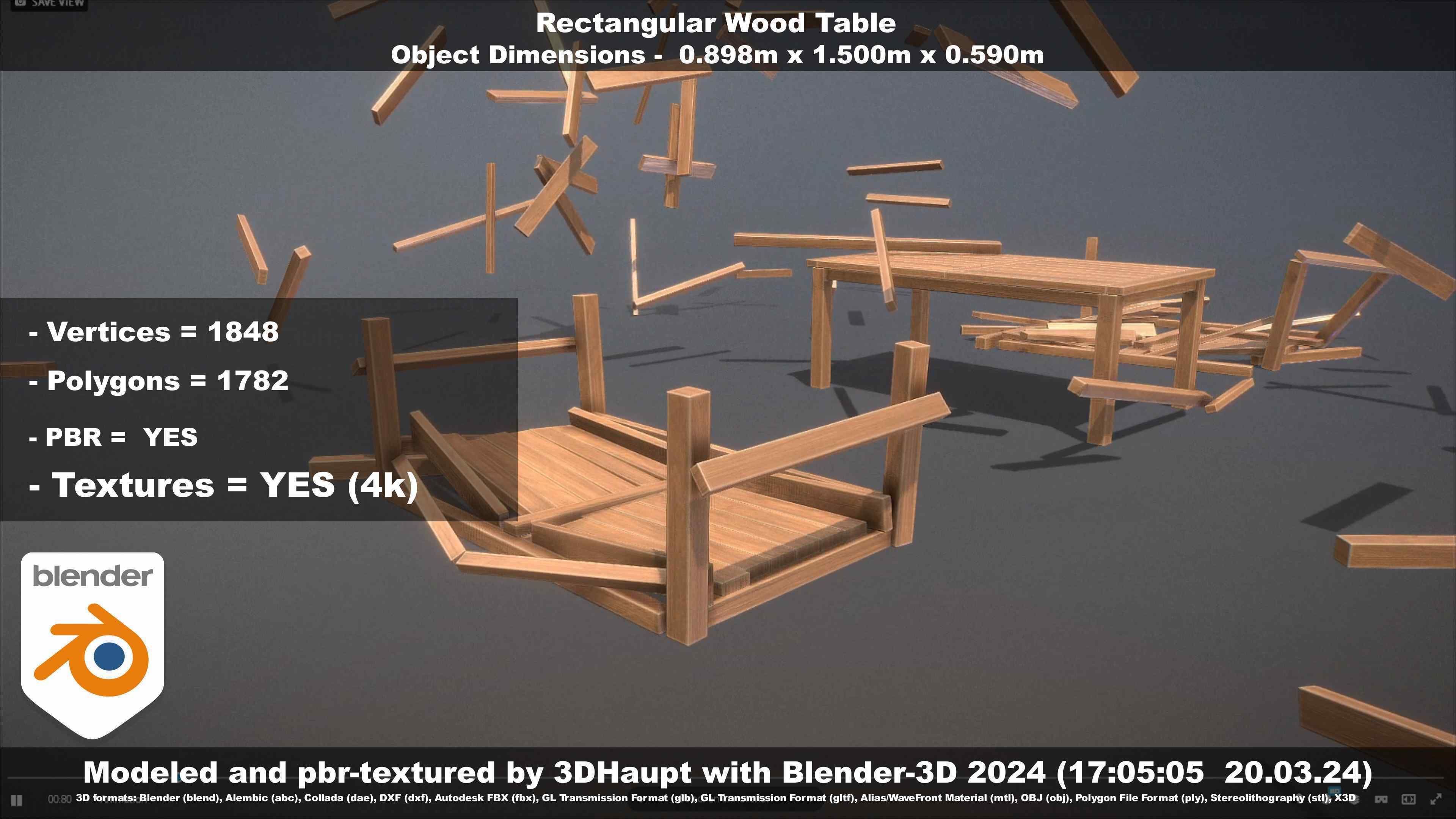 Rectangular Wood Table with Destruction Animations Low-poly 3D model_72
