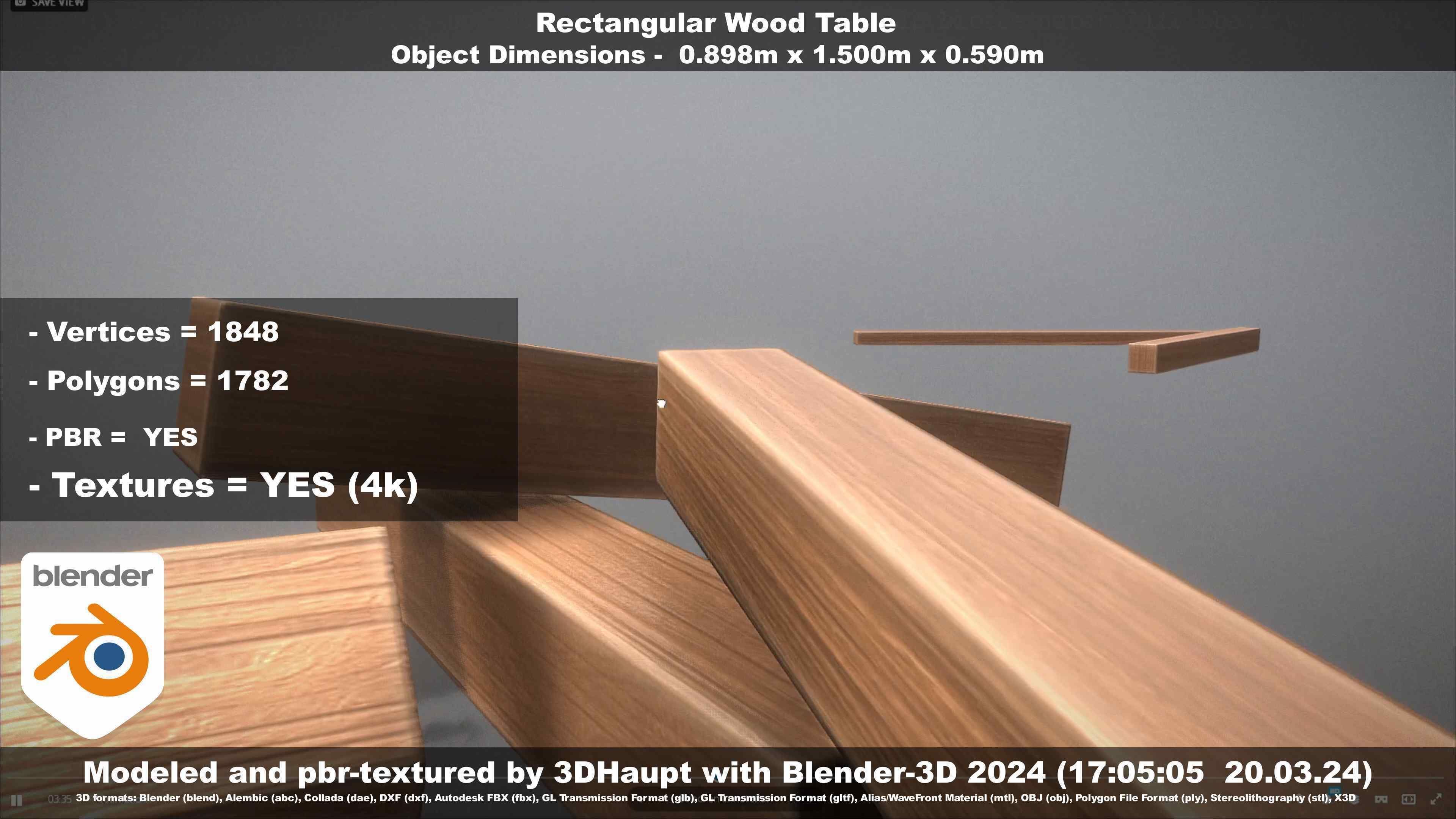 Rectangular Wood Table with Destruction Animations Low-poly 3D model_38