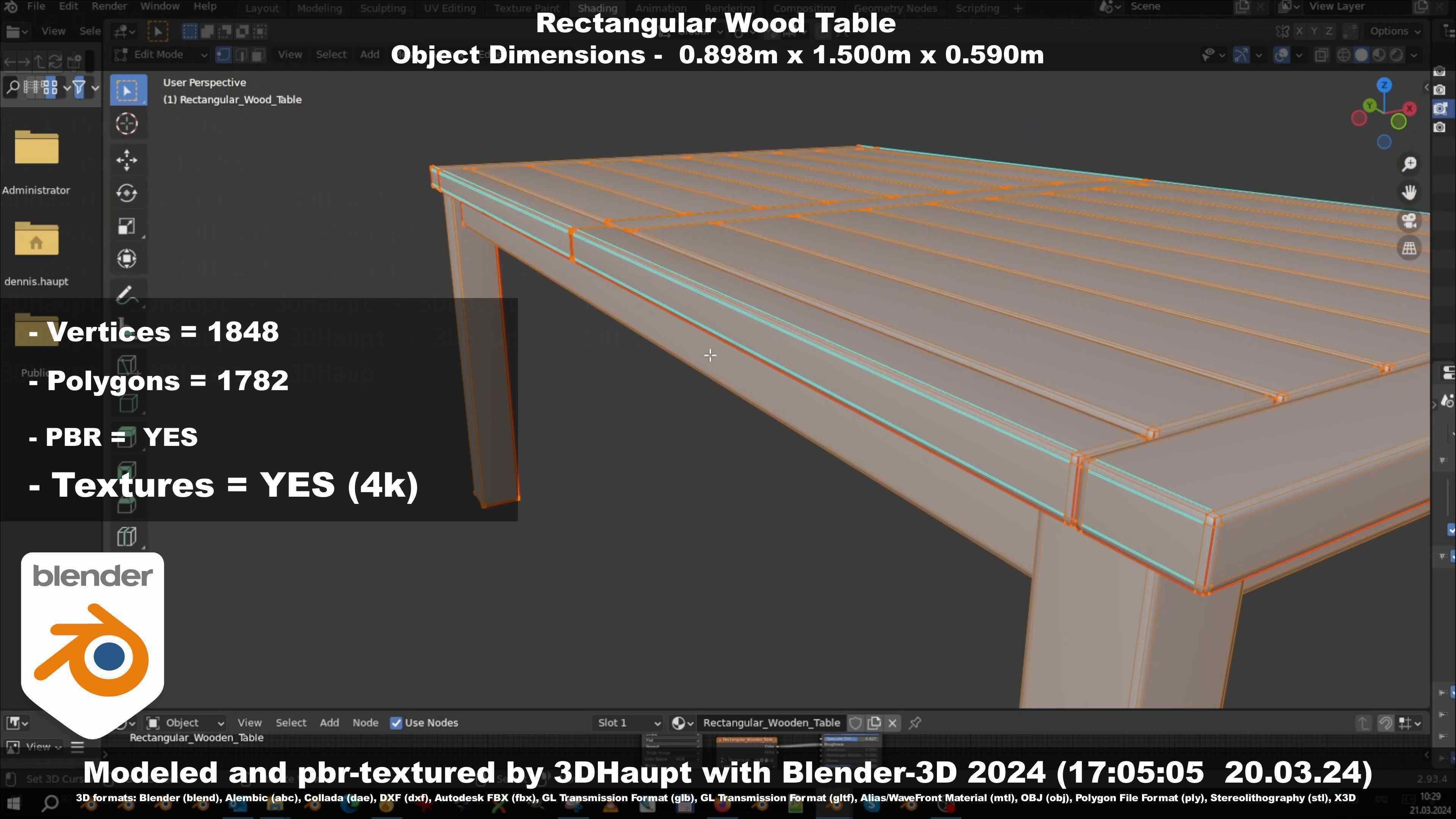 Rectangular Wood Table with Destruction Animations Low-poly 3D model_136