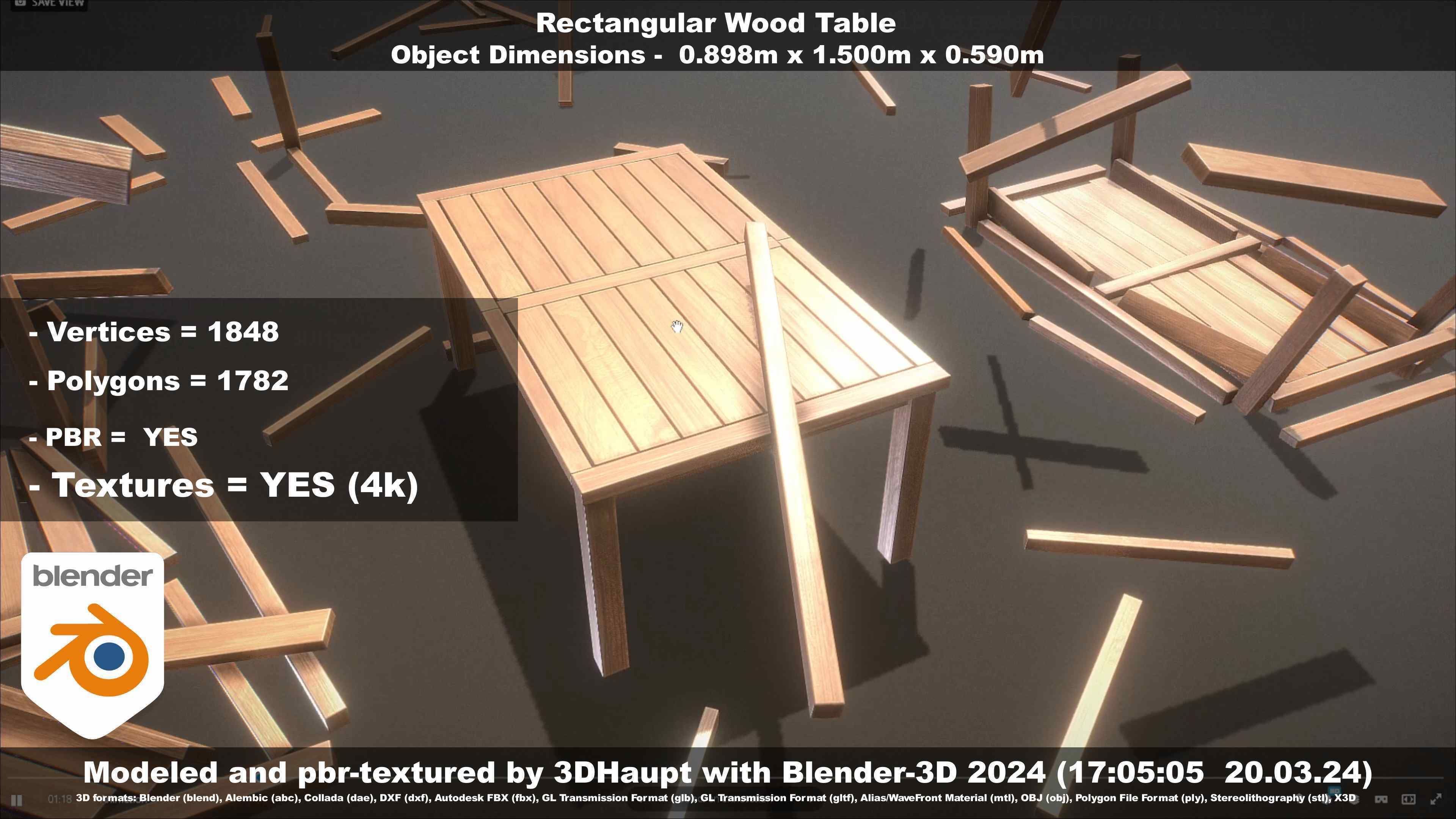Rectangular Wood Table with Destruction Animations Low-poly 3D model_96