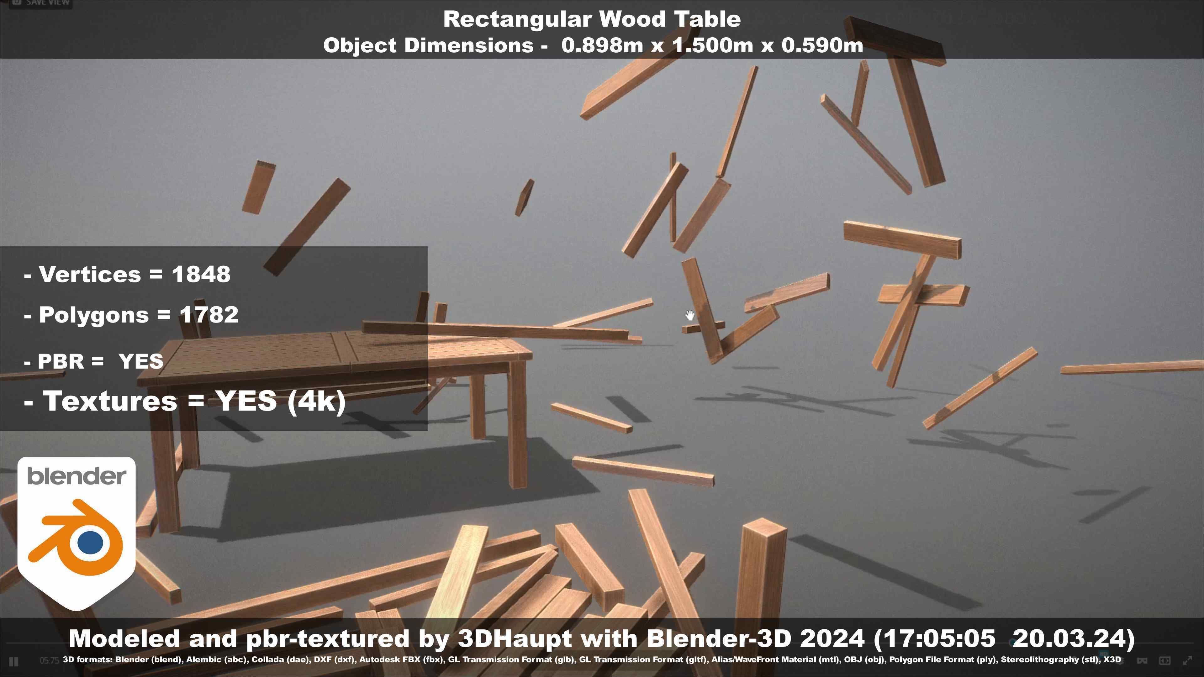 Rectangular Wood Table with Destruction Animations Low-poly 3D model_42
