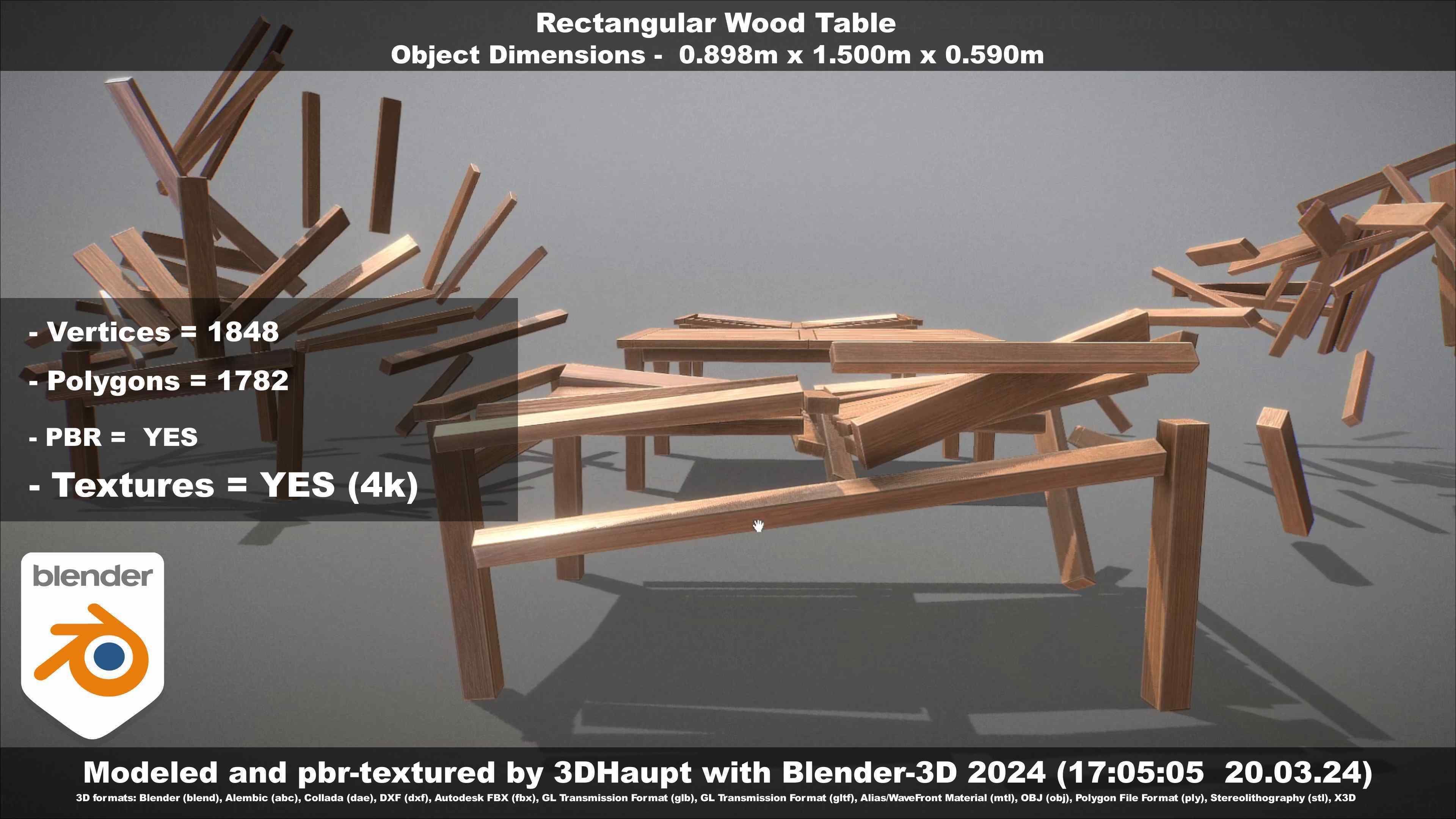 Rectangular Wood Table with Destruction Animations Low-poly 3D model_84
