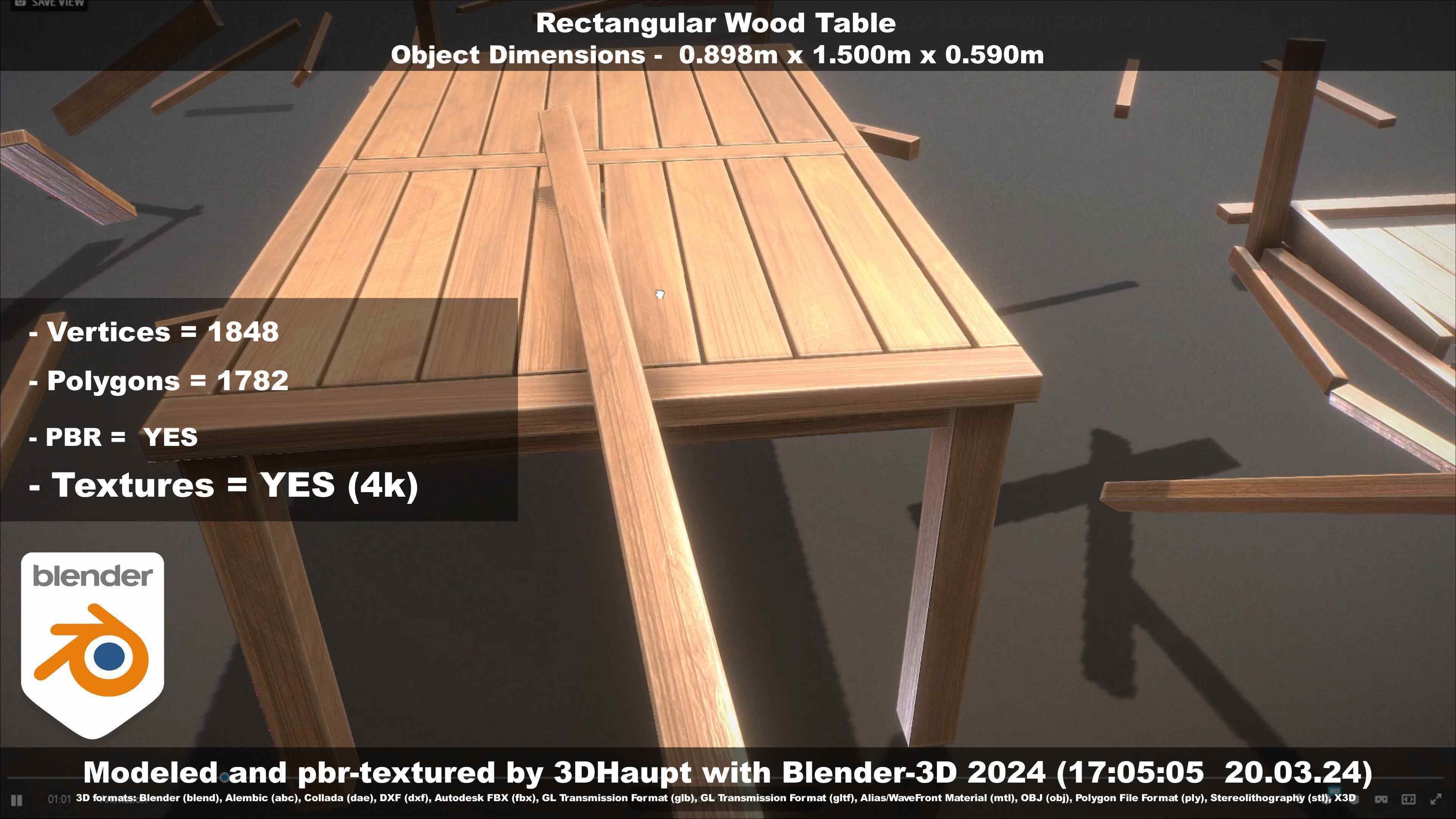 Rectangular Wood Table with Destruction Animations Low-poly 3D model_143