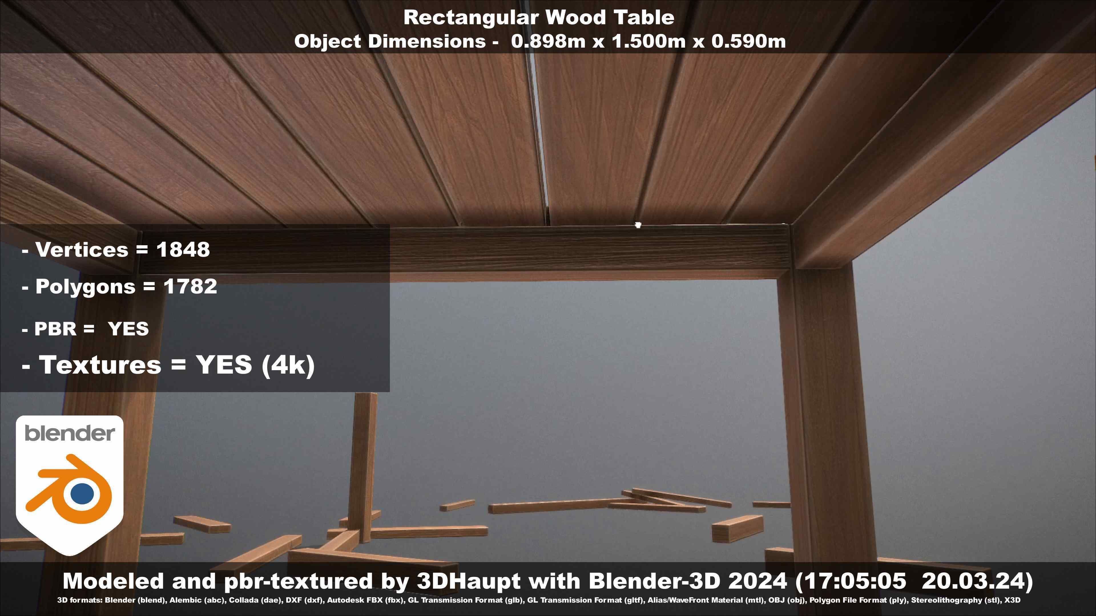 Rectangular Wood Table with Destruction Animations Low-poly 3D model_99