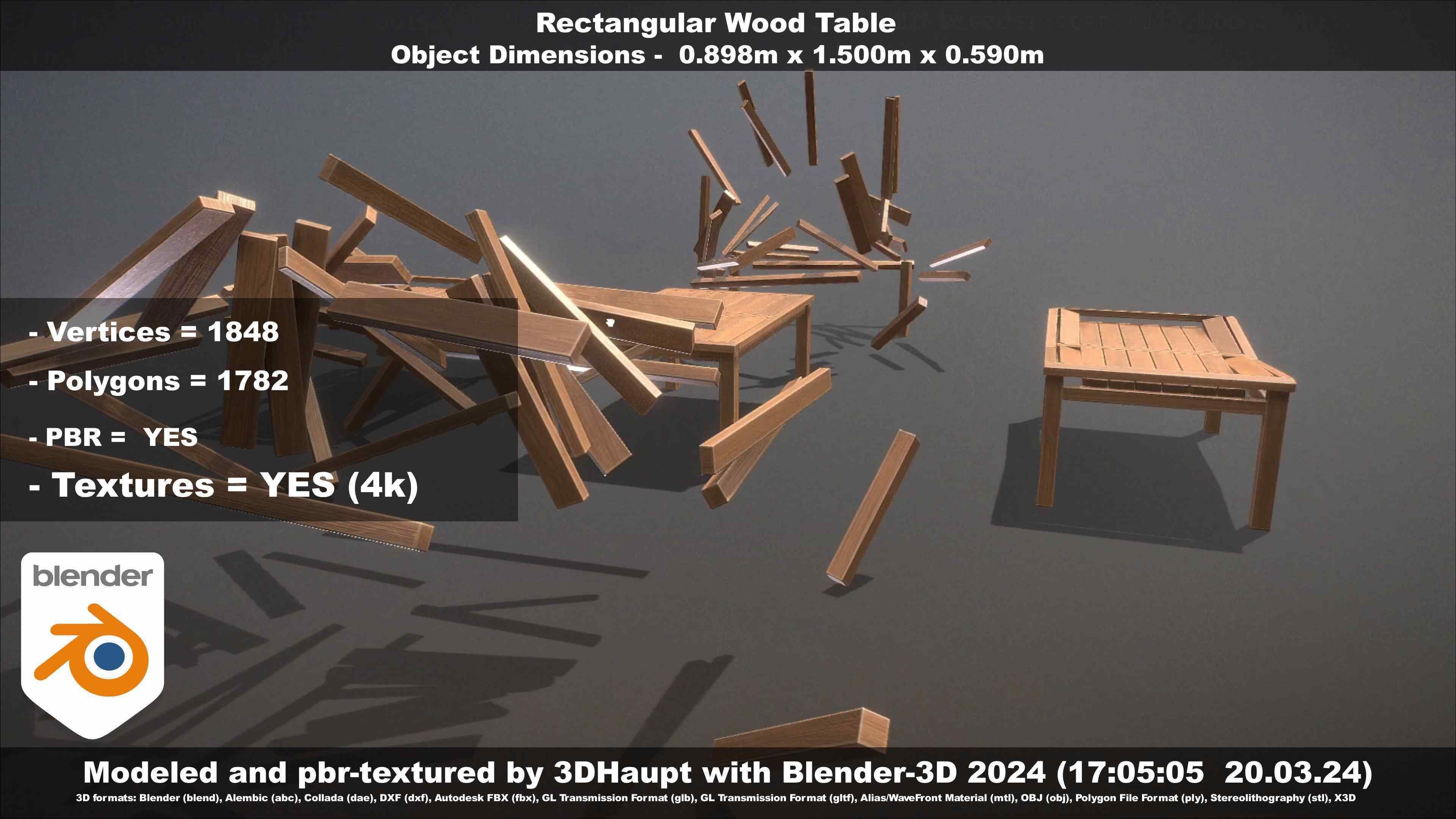 Rectangular Wood Table with Destruction Animations Low-poly 3D model_81