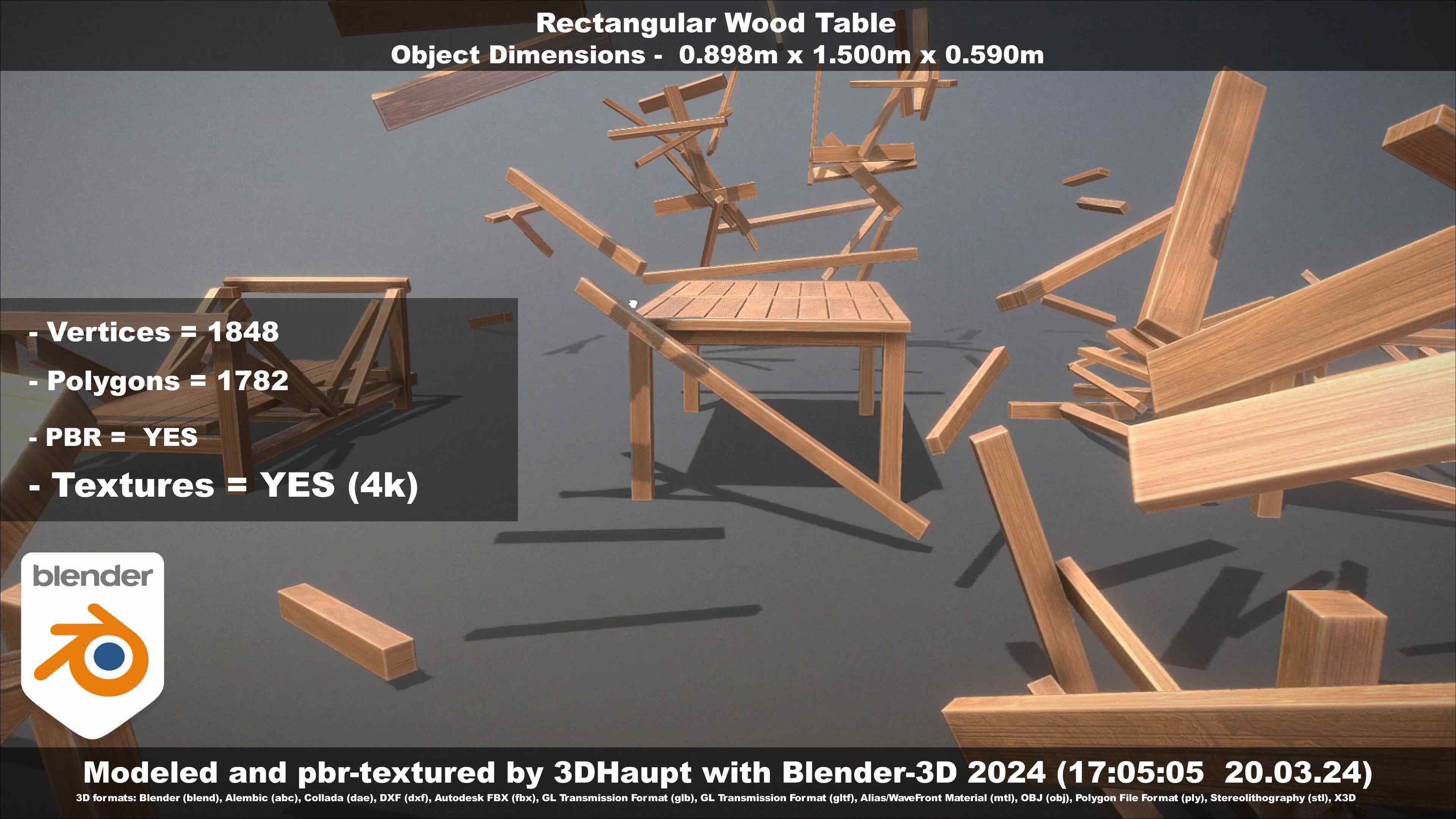 Rectangular Wood Table with Destruction Animations Low-poly 3D model_97