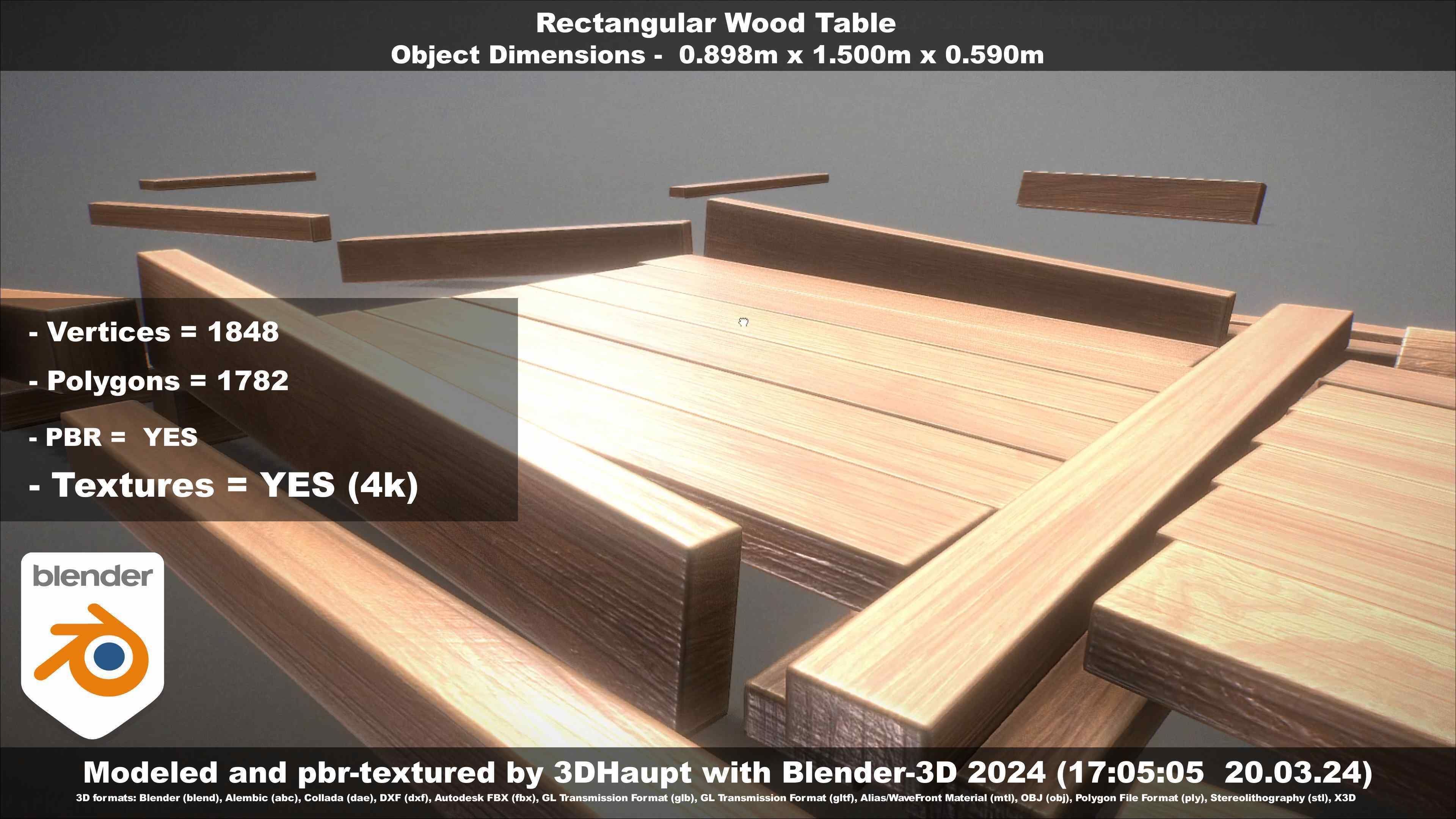 Rectangular Wood Table with Destruction Animations Low-poly 3D model_104