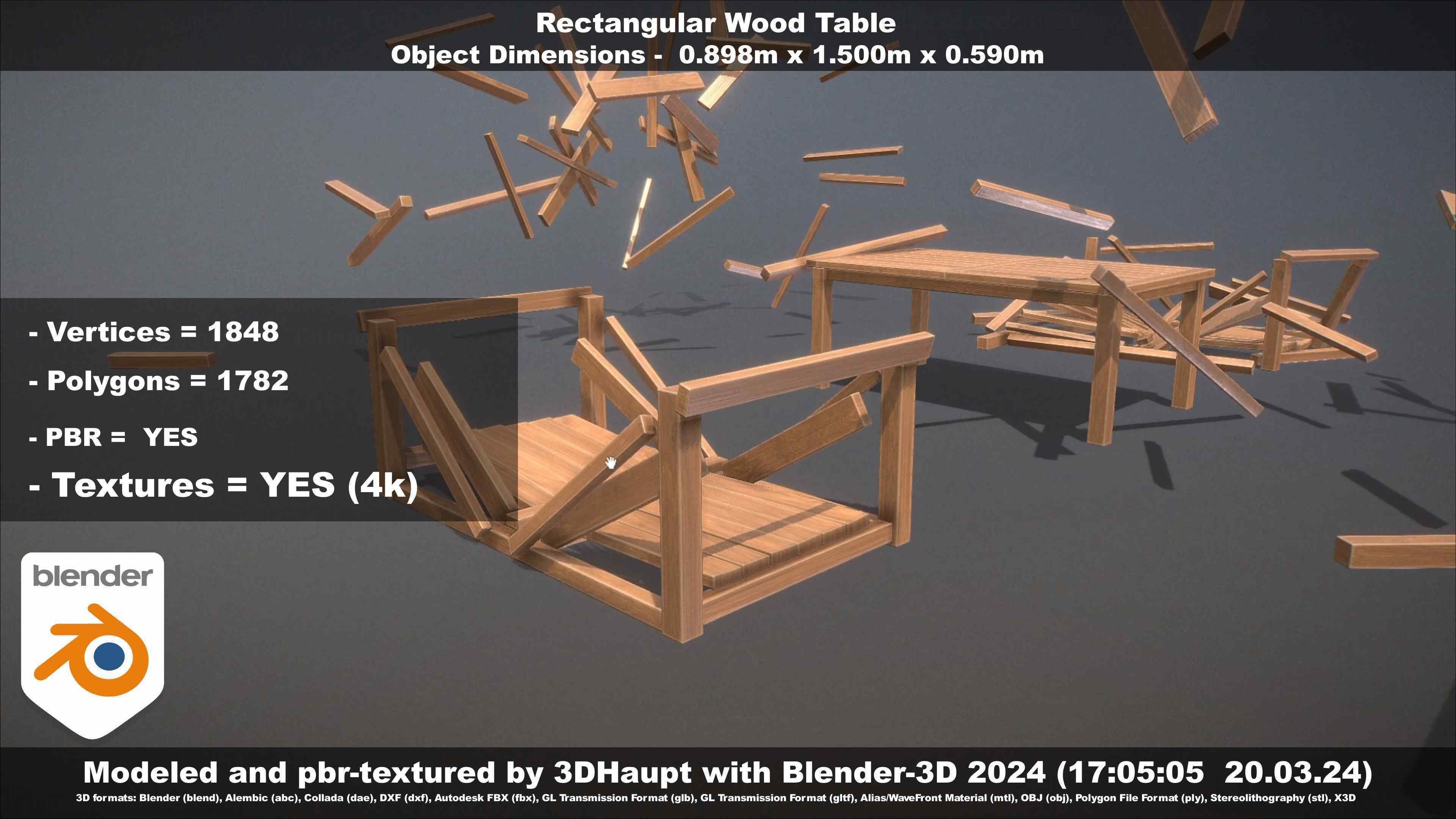 Rectangular Wood Table with Destruction Animations Low-poly 3D model_71