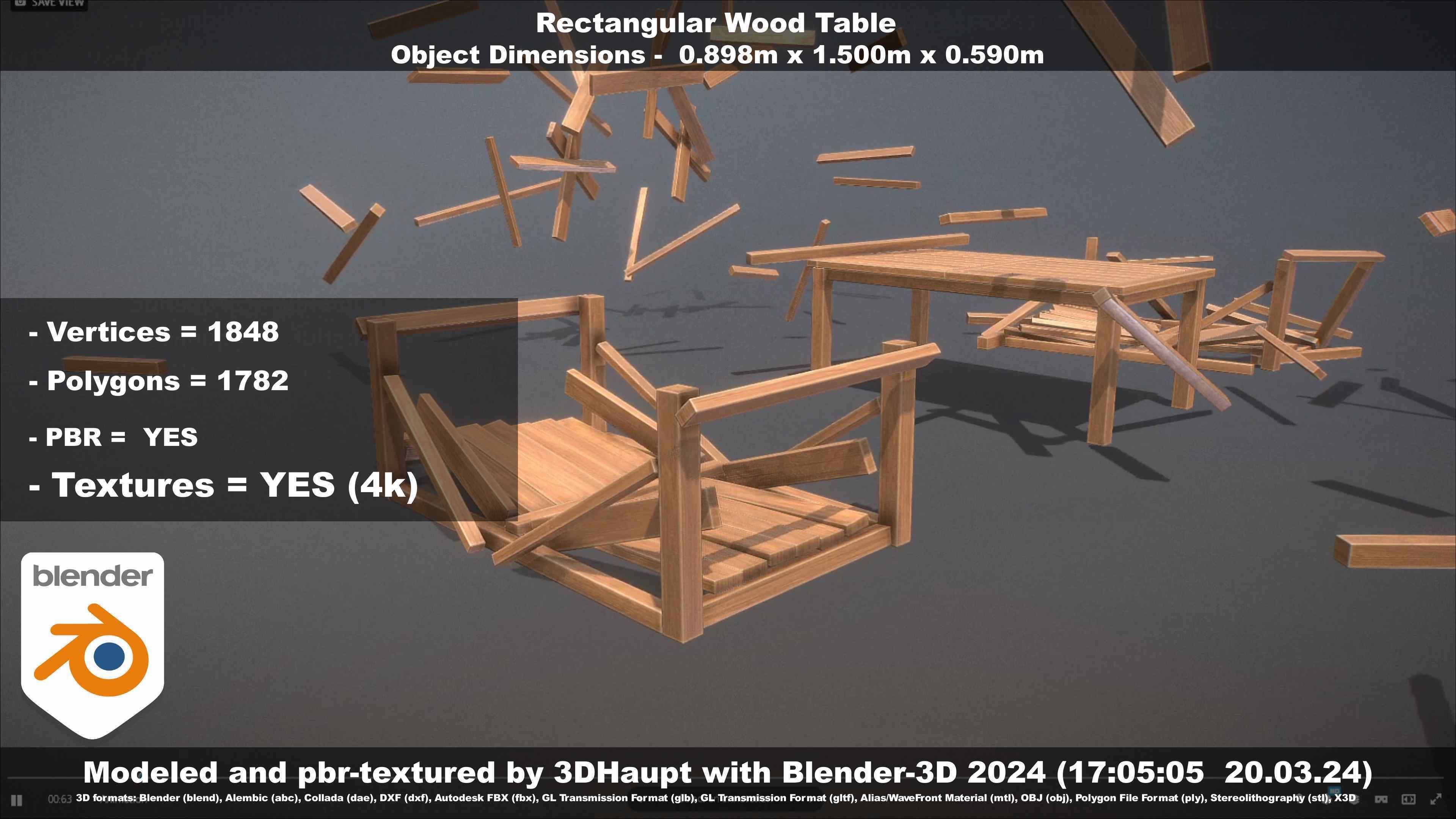 Rectangular Wood Table with Destruction Animations Low-poly 3D model_26