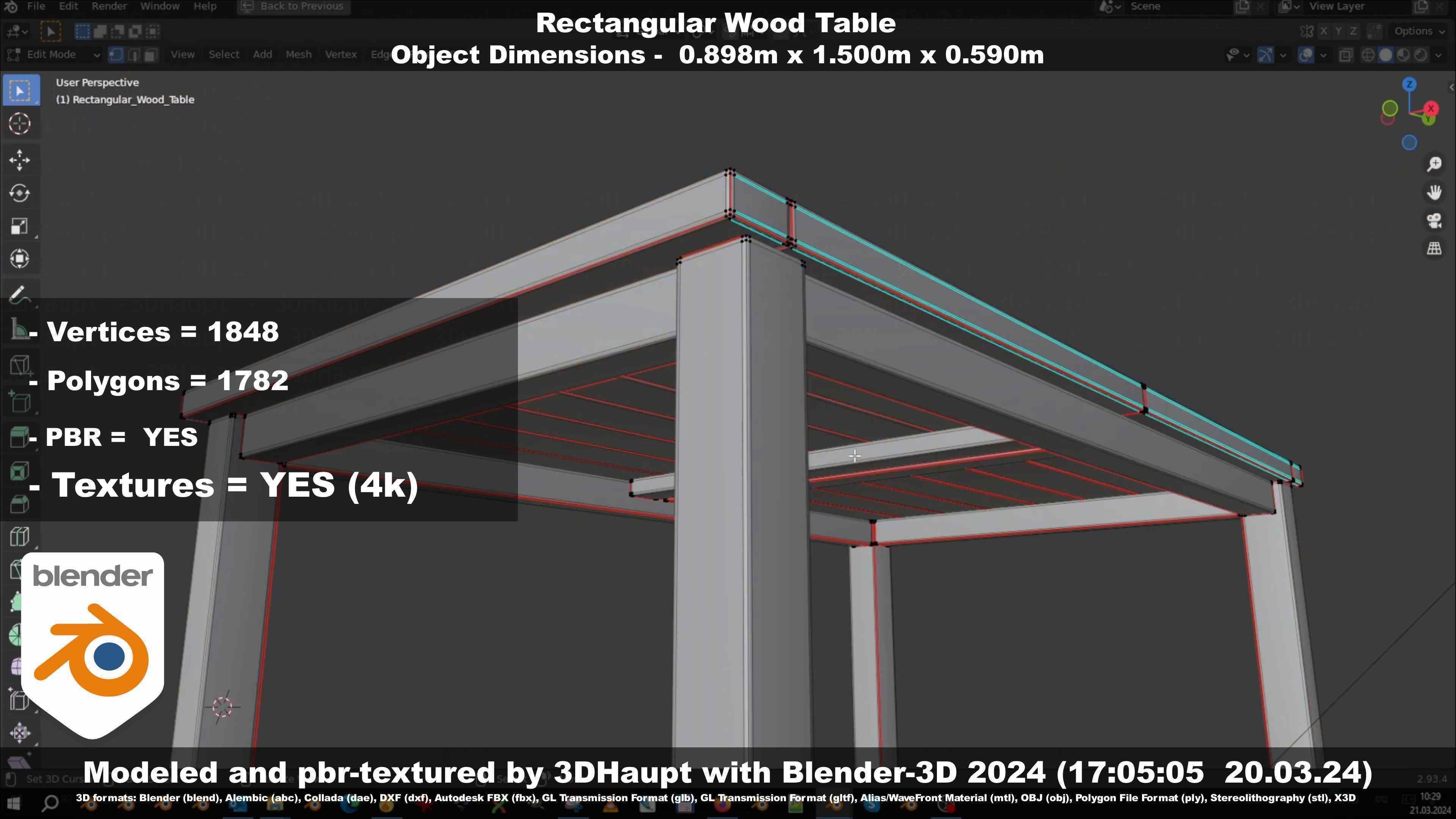 Rectangular Wood Table with Destruction Animations Low-poly 3D model_120