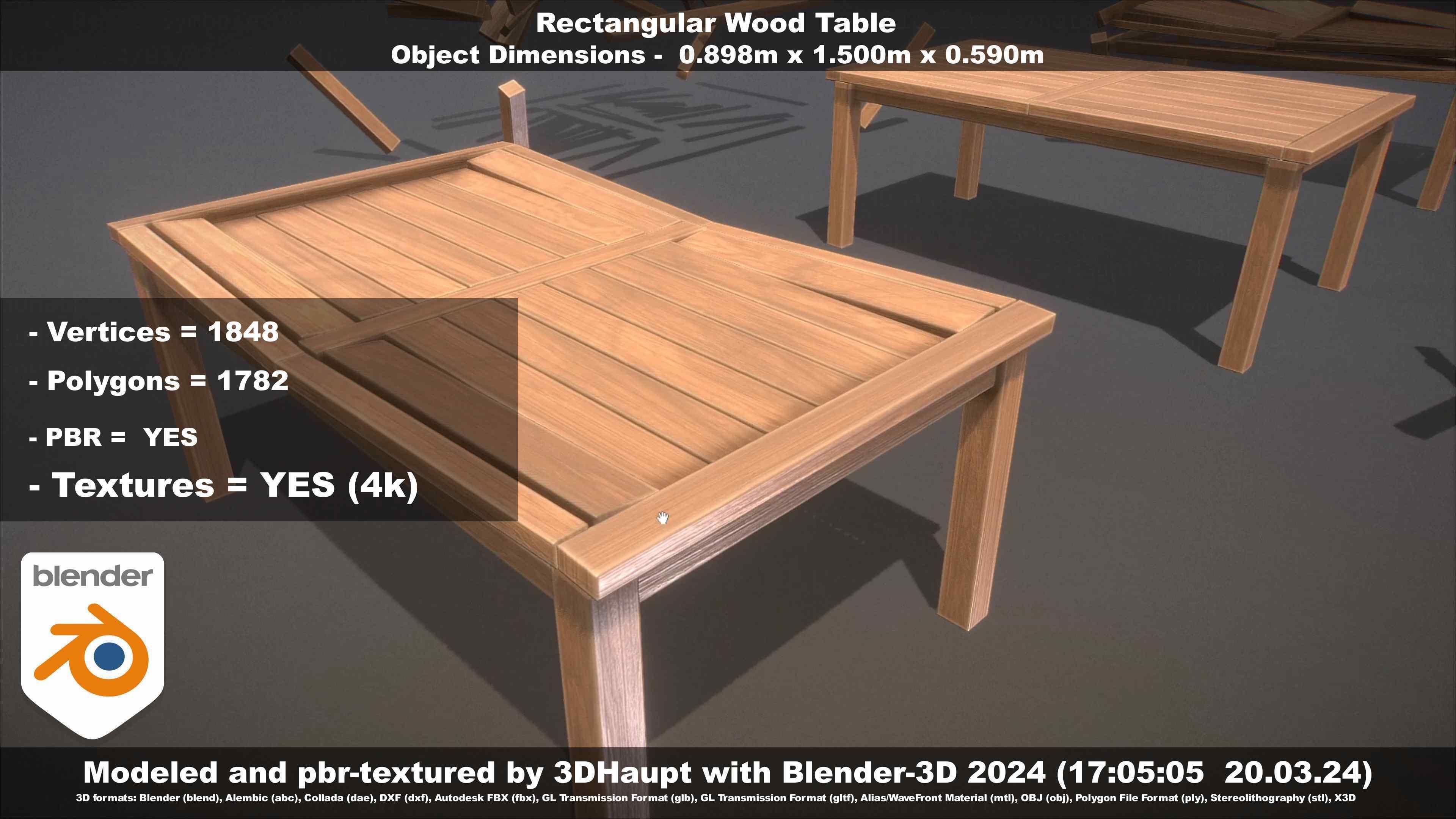 Rectangular Wood Table with Destruction Animations Low-poly 3D model_89