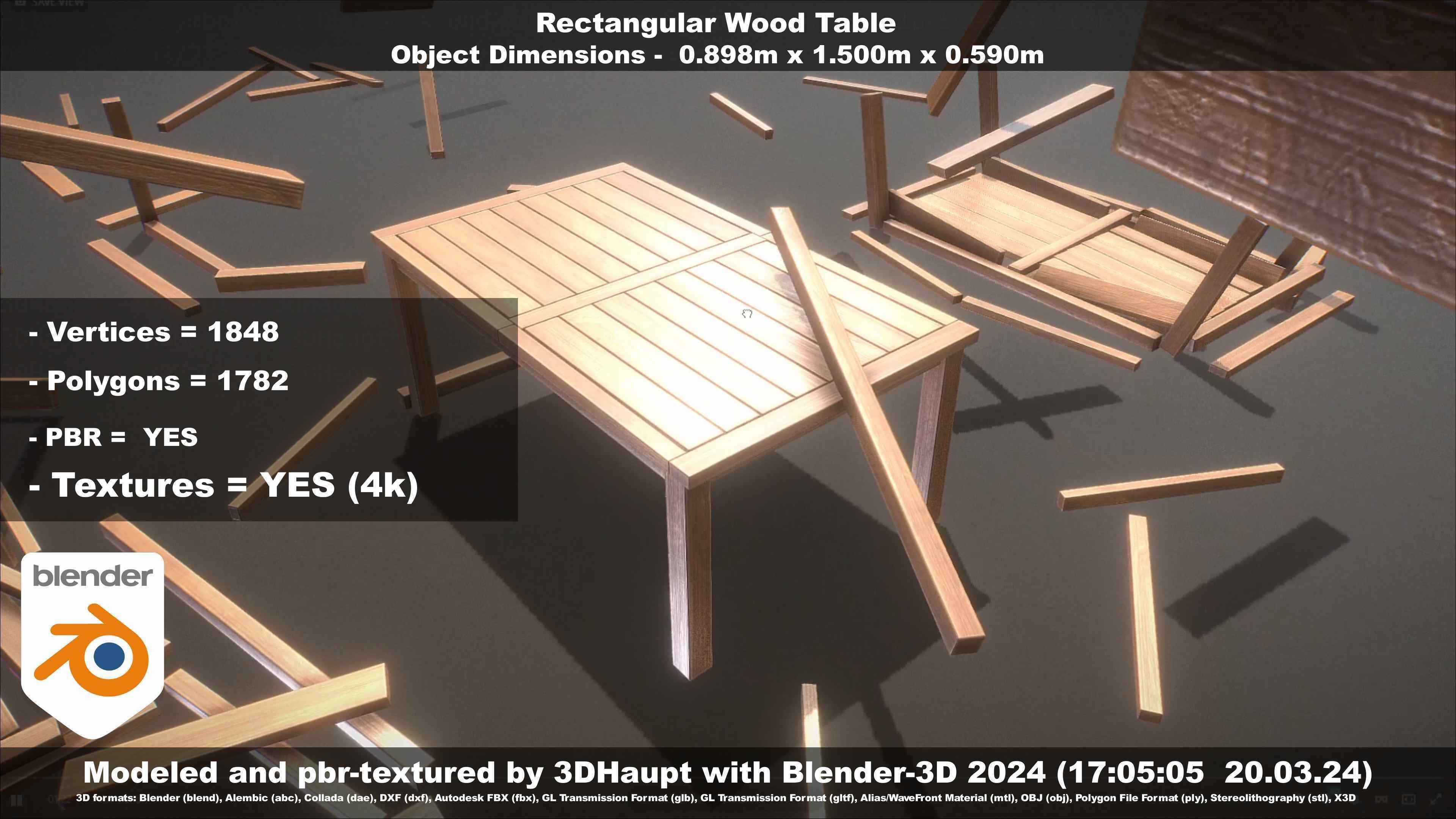 Rectangular Wood Table with Destruction Animations Low-poly 3D model_57