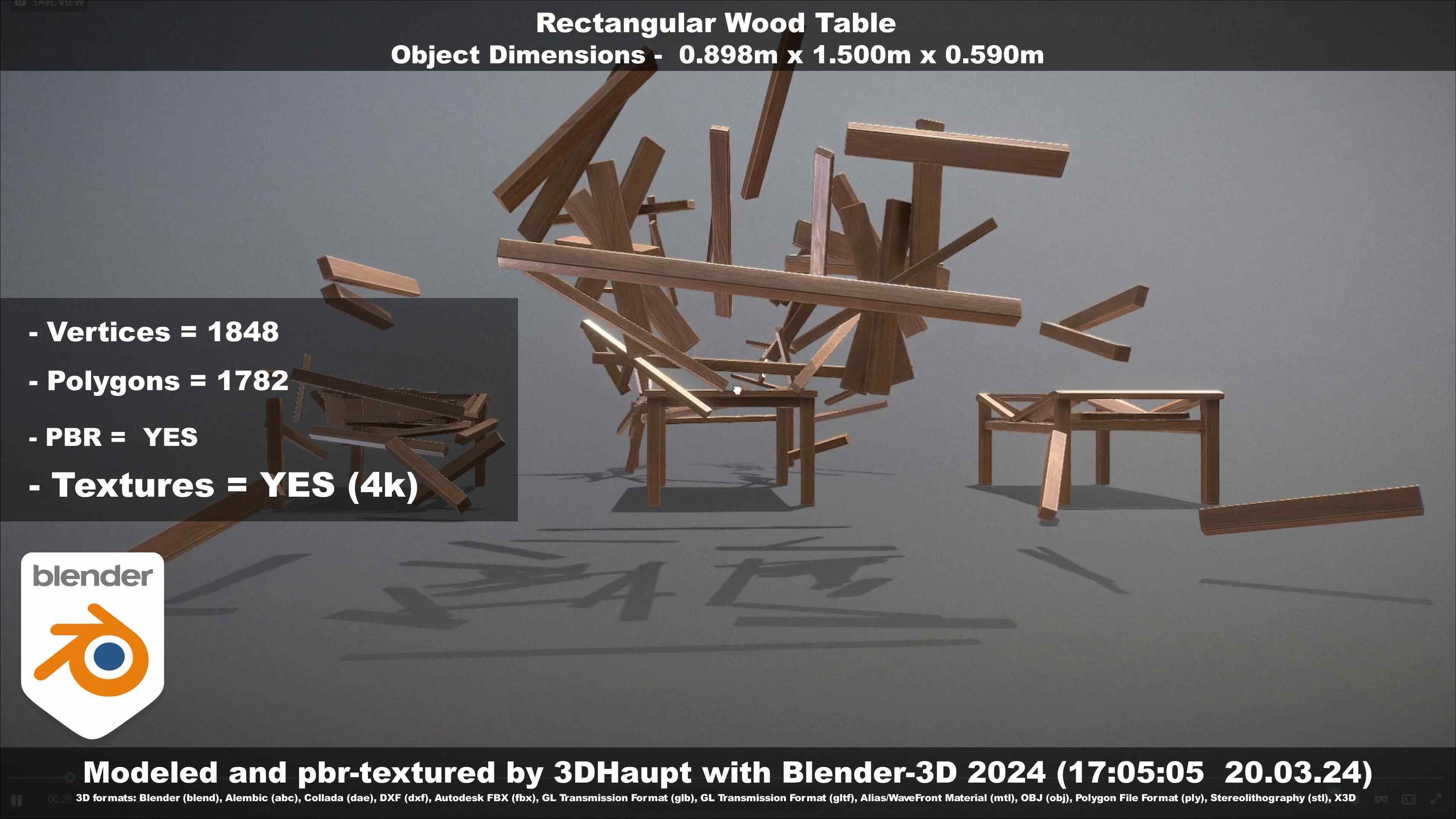 Rectangular Wood Table with Destruction Animations Low-poly 3D model_31