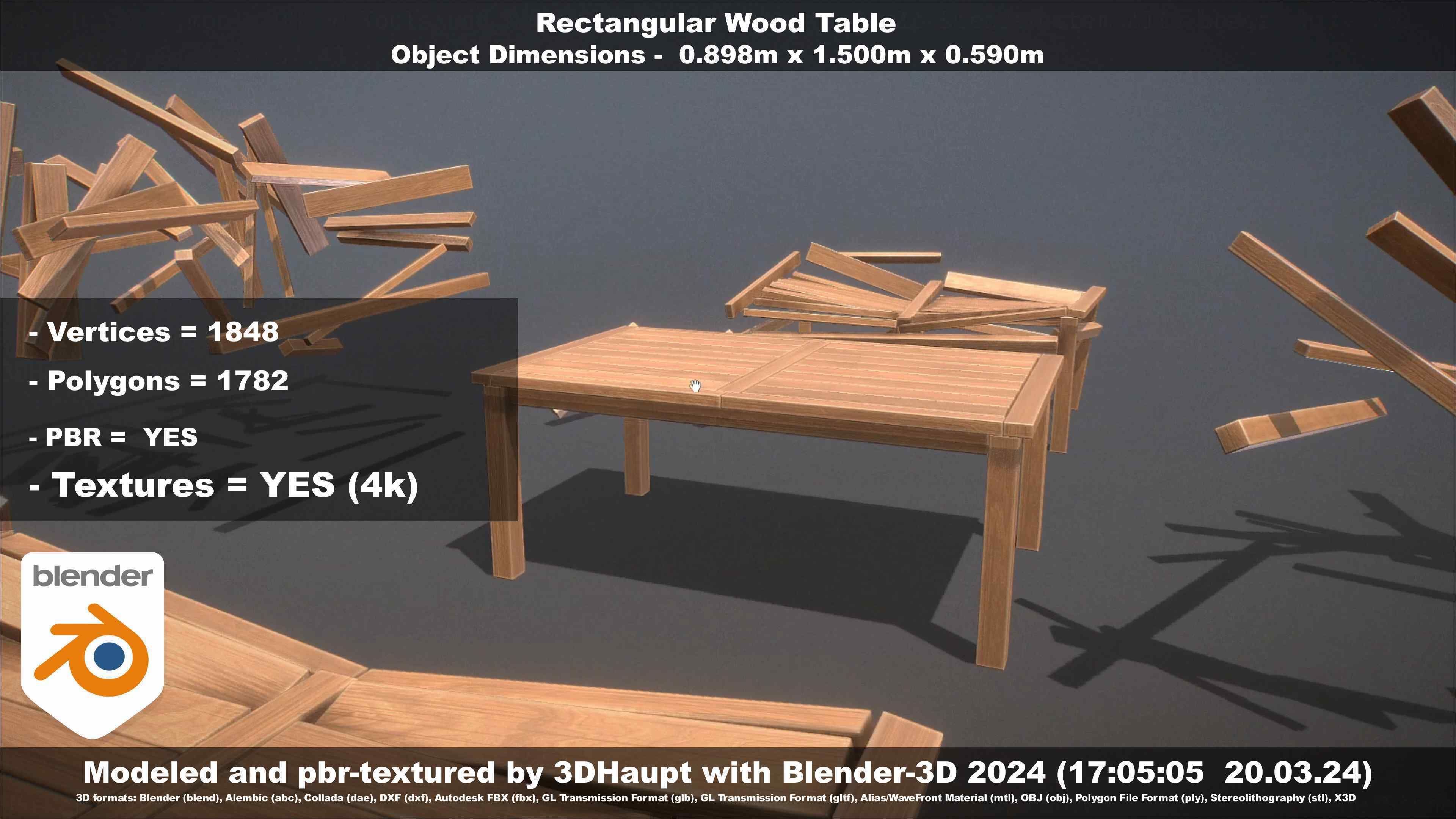 Rectangular Wood Table with Destruction Animations Low-poly 3D model_67