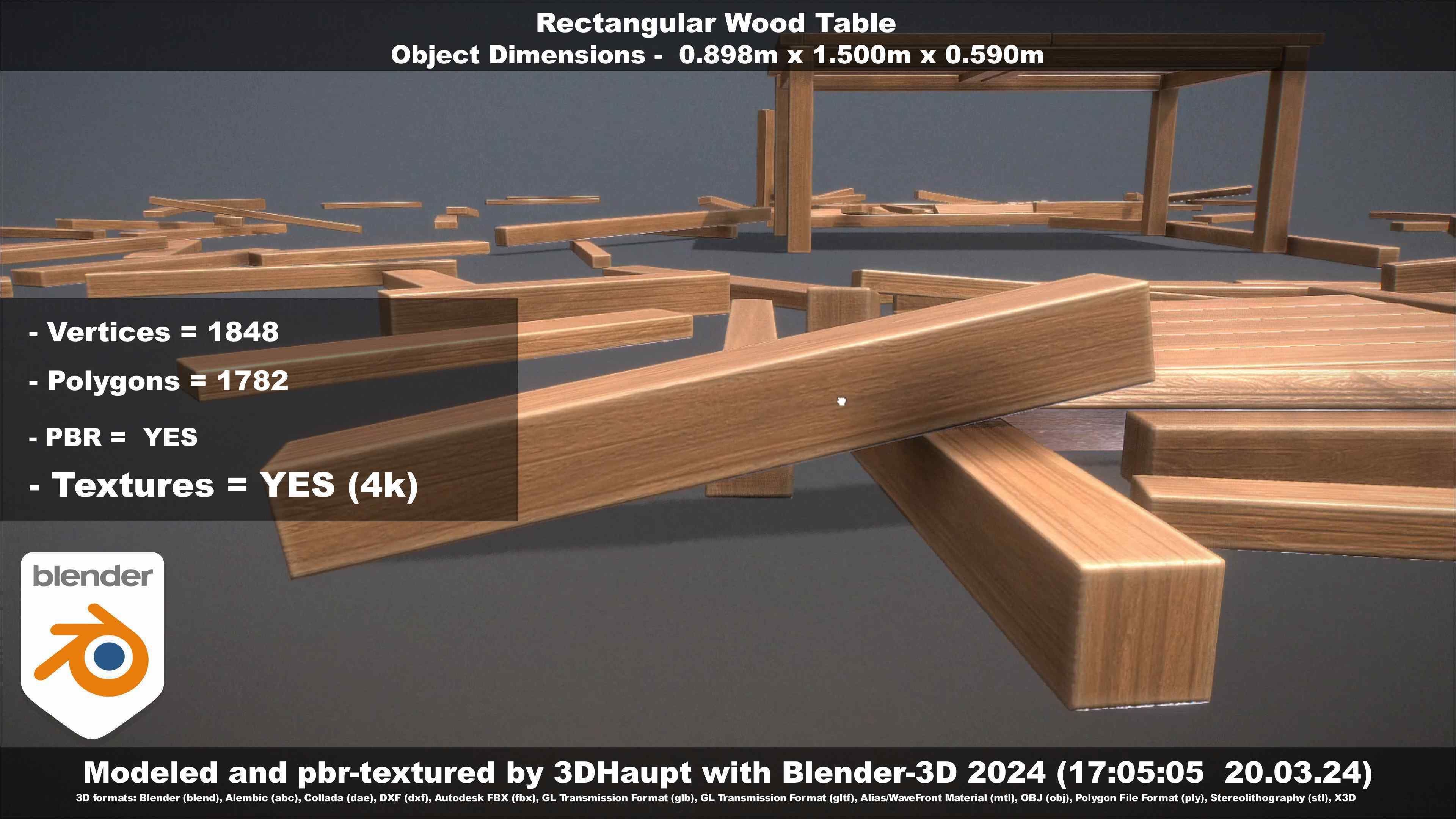 Rectangular Wood Table with Destruction Animations Low-poly 3D model_63