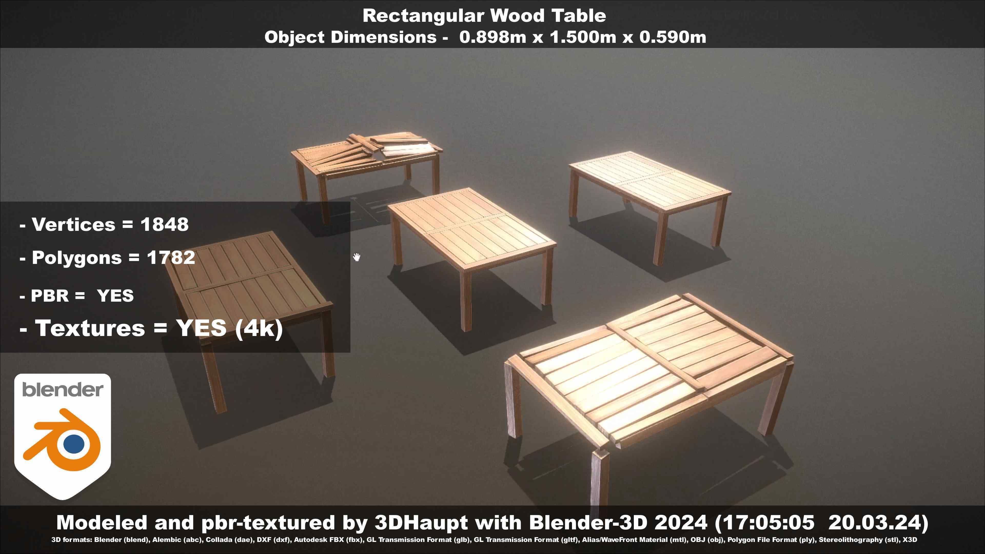 Rectangular Wood Table with Destruction Animations Low-poly 3D model_79