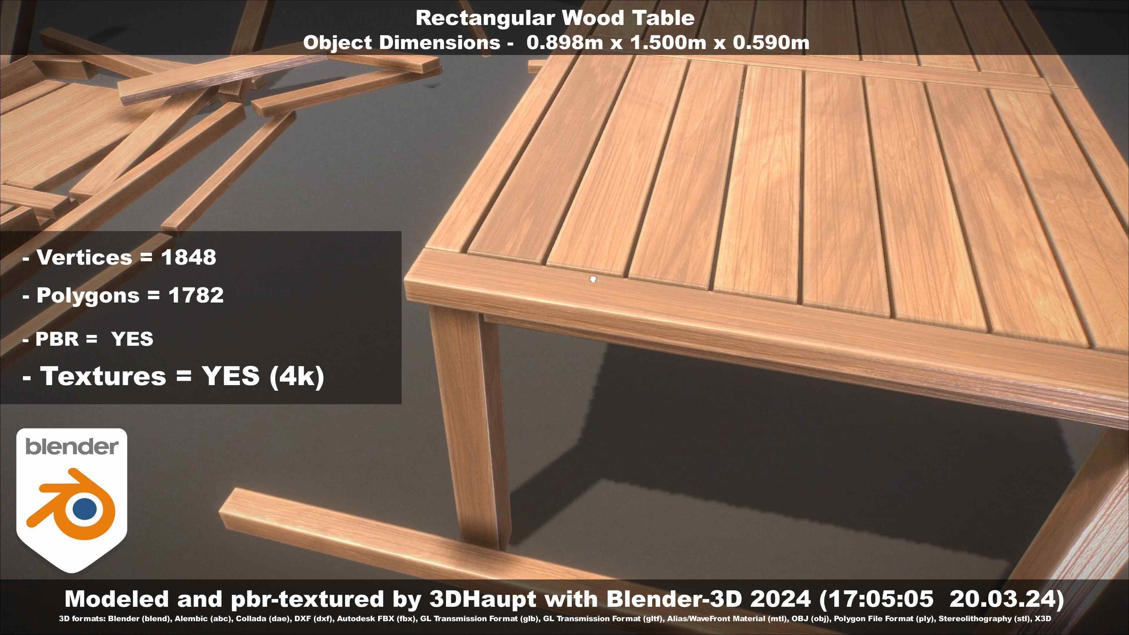 Rectangular Wood Table with Destruction Animations Low-poly 3D model_145