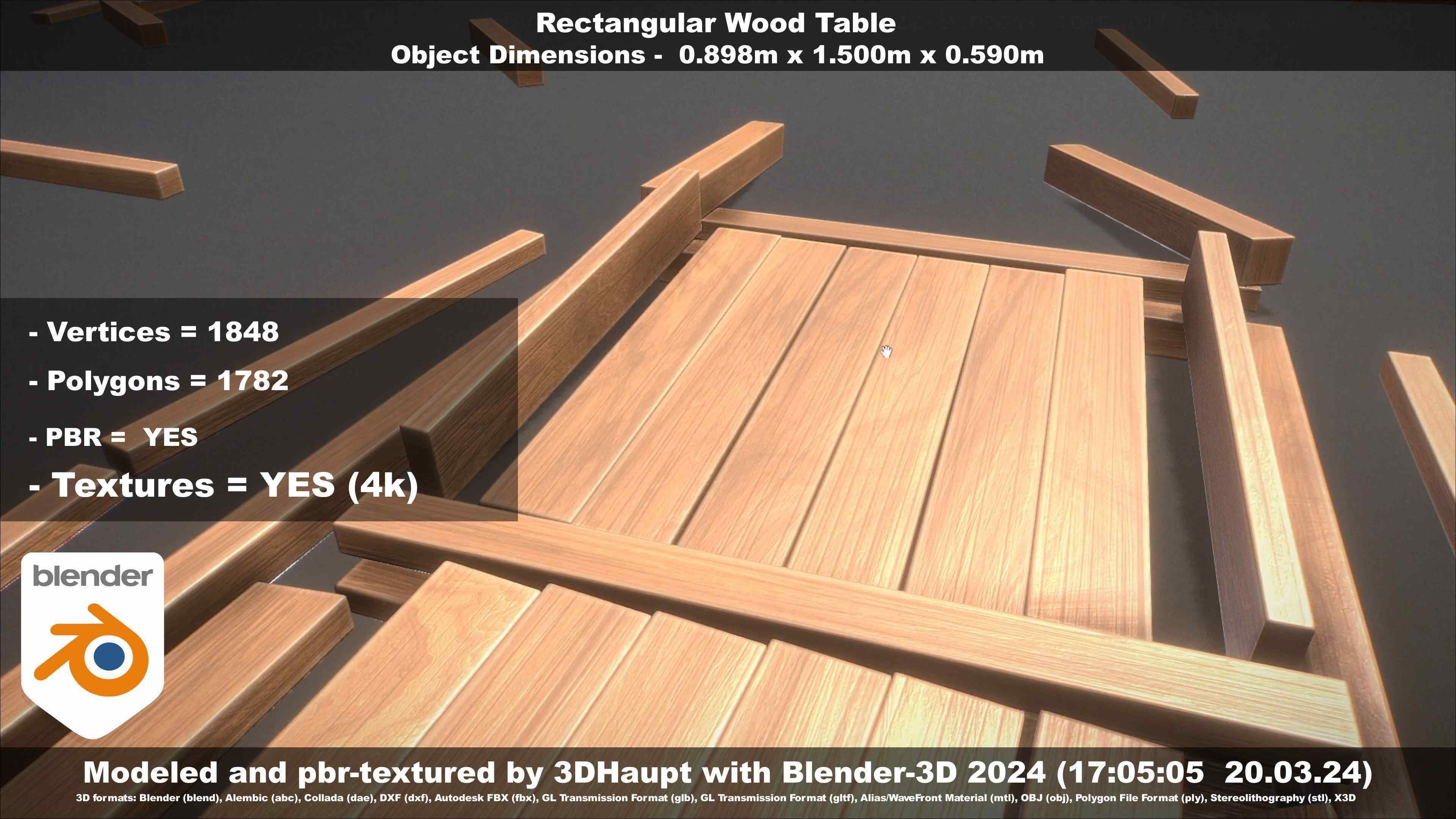 Rectangular Wood Table with Destruction Animations Low-poly 3D model_64