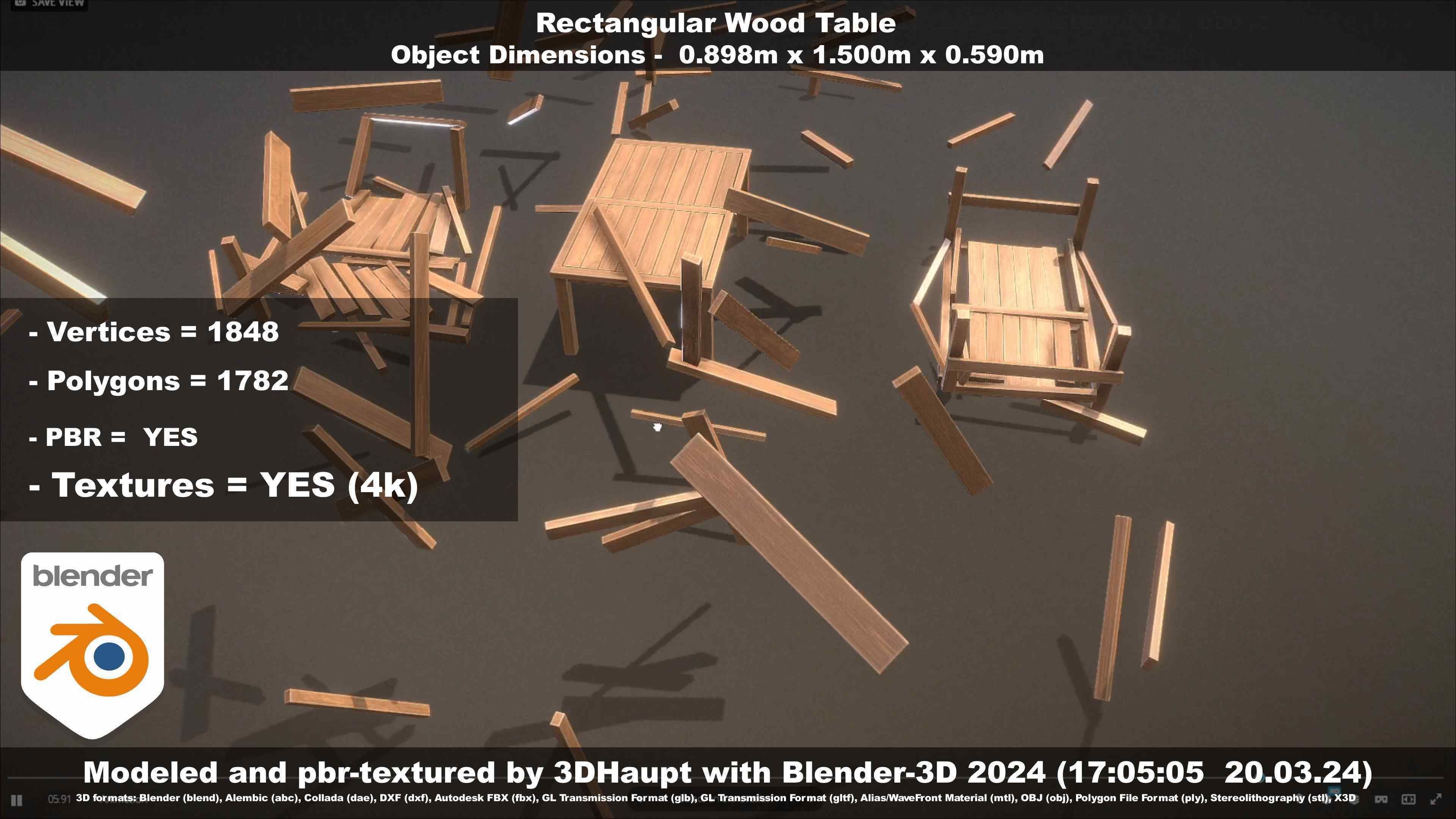 Rectangular Wood Table with Destruction Animations Low-poly 3D model_93