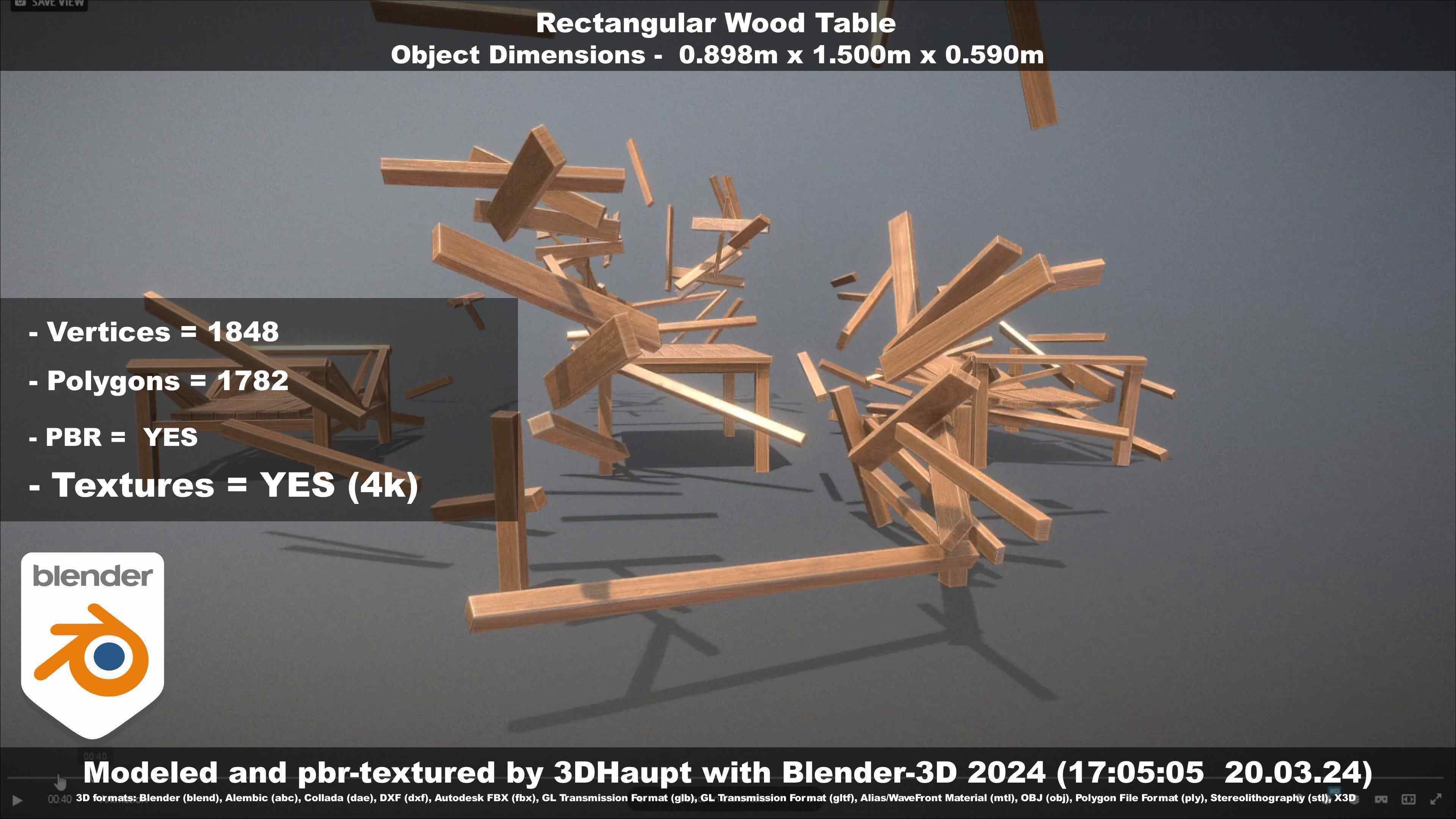 Rectangular Wood Table with Destruction Animations Low-poly 3D model_68