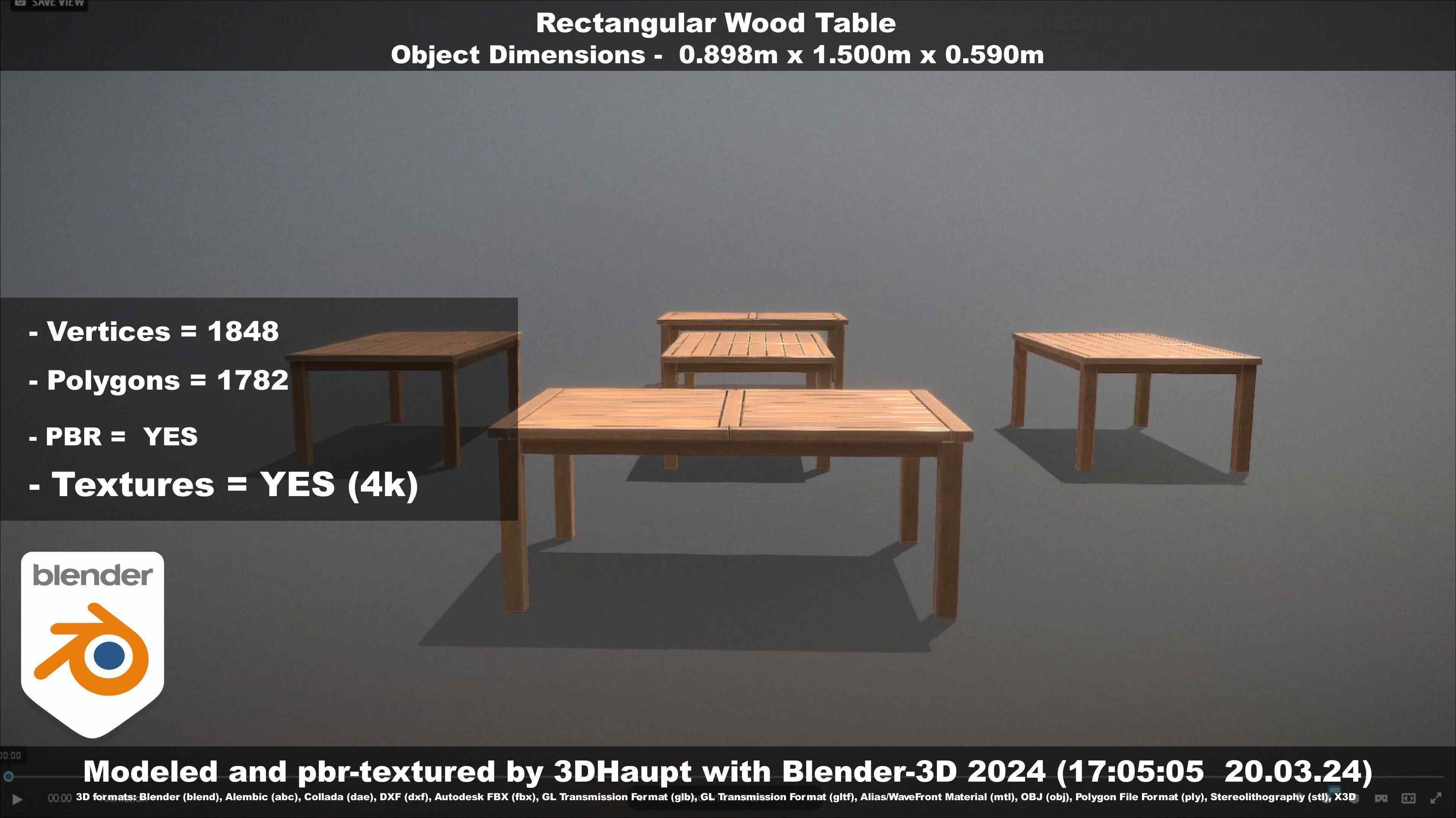 Rectangular Wood Table with Destruction Animations Low-poly 3D model_146