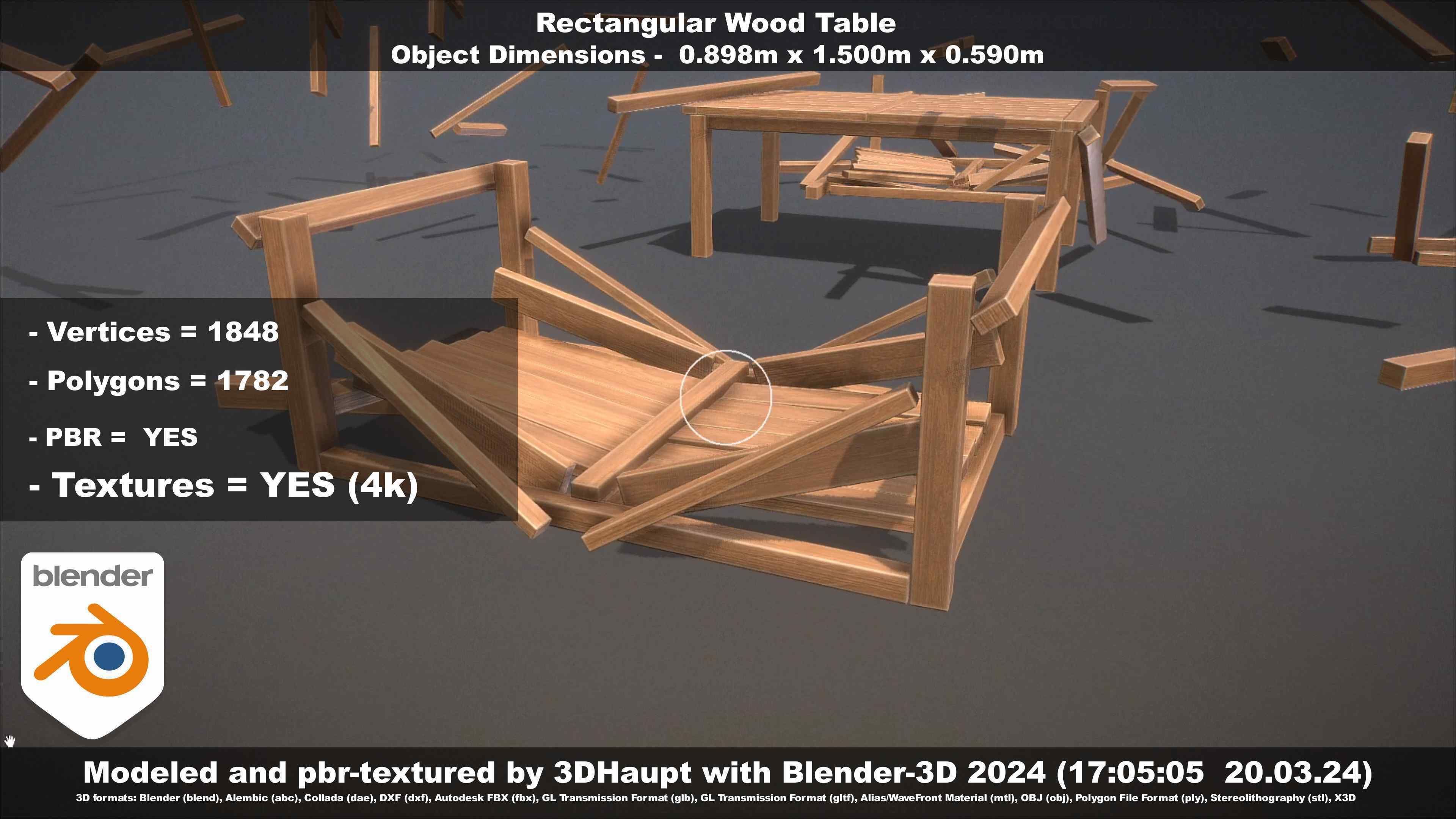 Rectangular Wood Table with Destruction Animations Low-poly 3D model_90