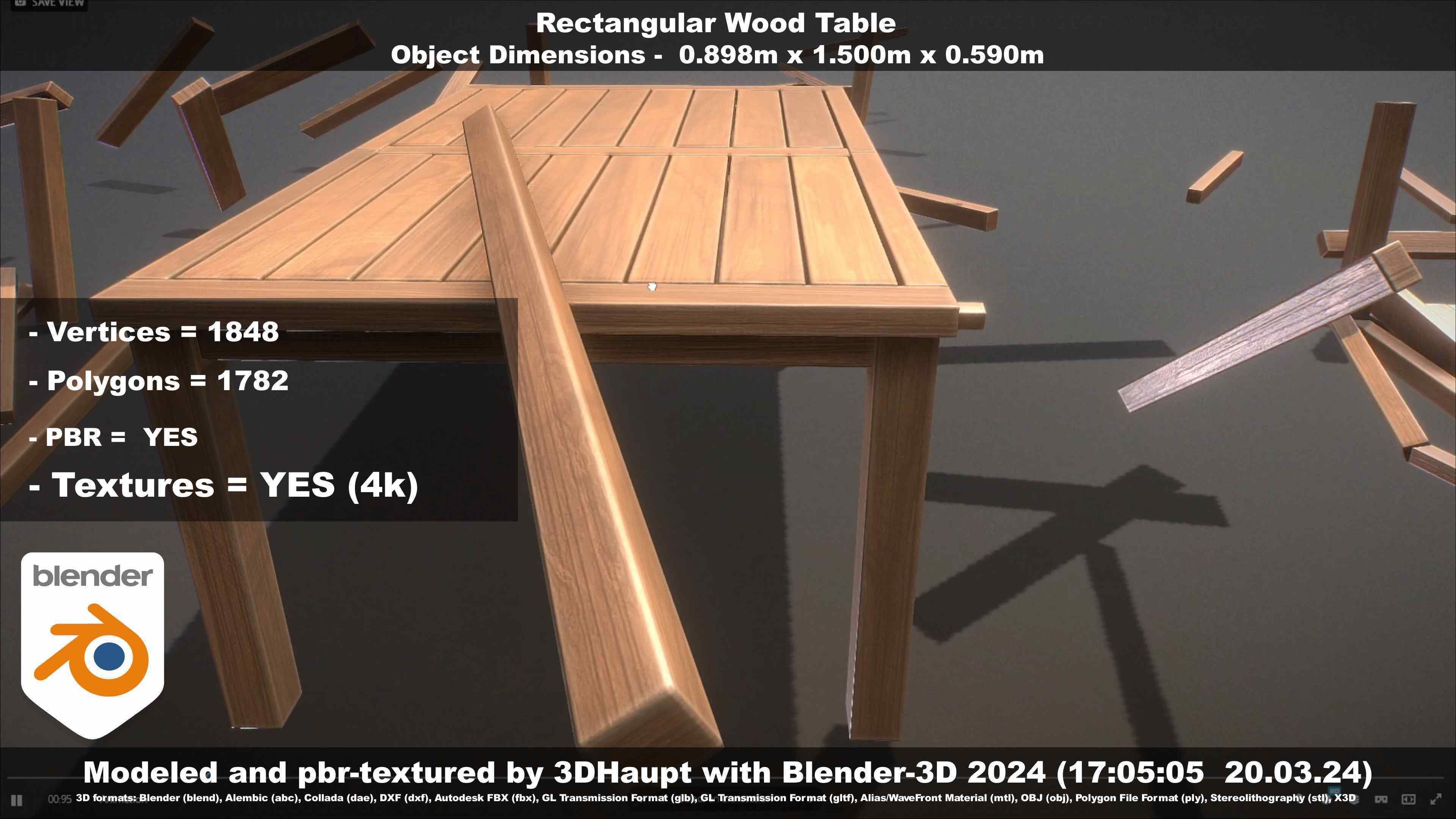 Rectangular Wood Table with Destruction Animations Low-poly 3D model_80