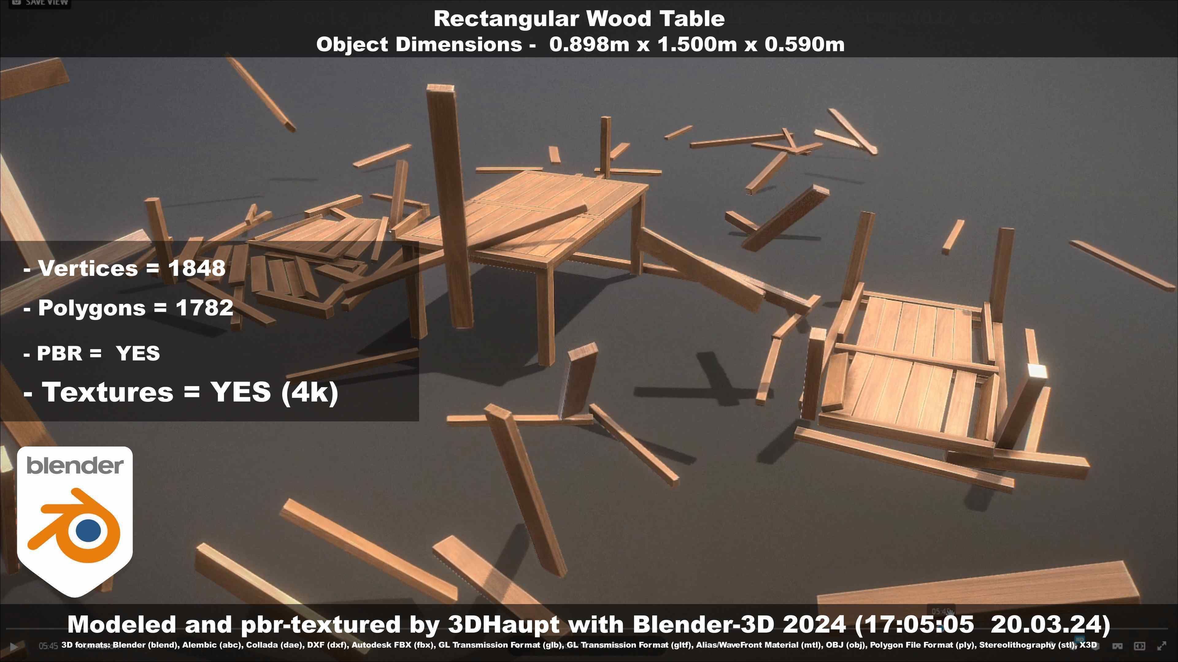 Rectangular Wood Table with Destruction Animations Low-poly 3D model_82