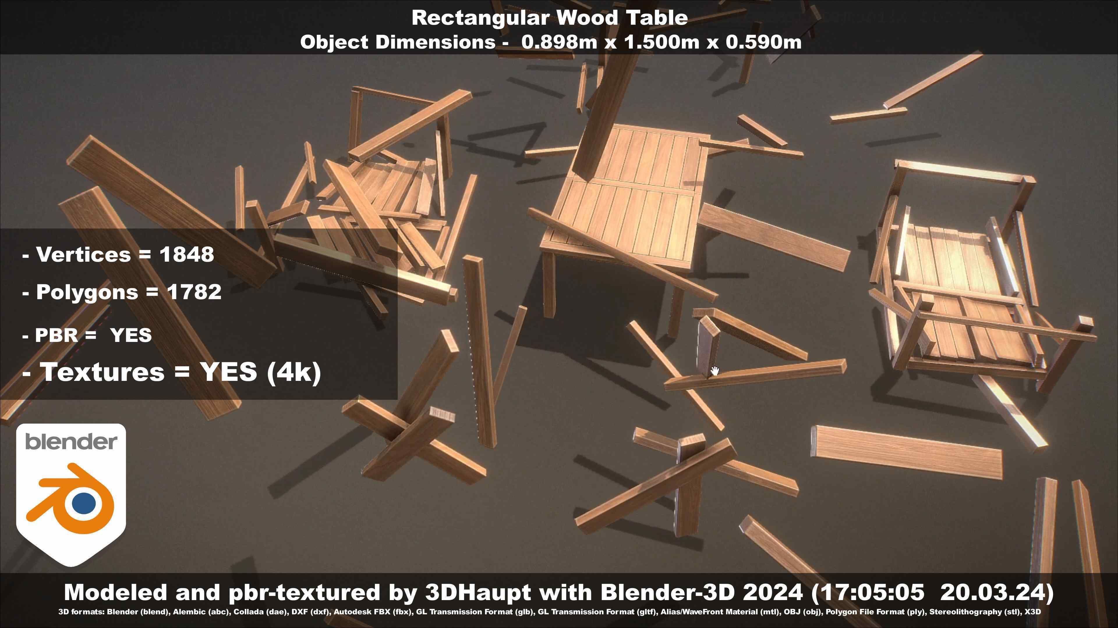 Rectangular Wood Table with Destruction Animations Low-poly 3D model_107