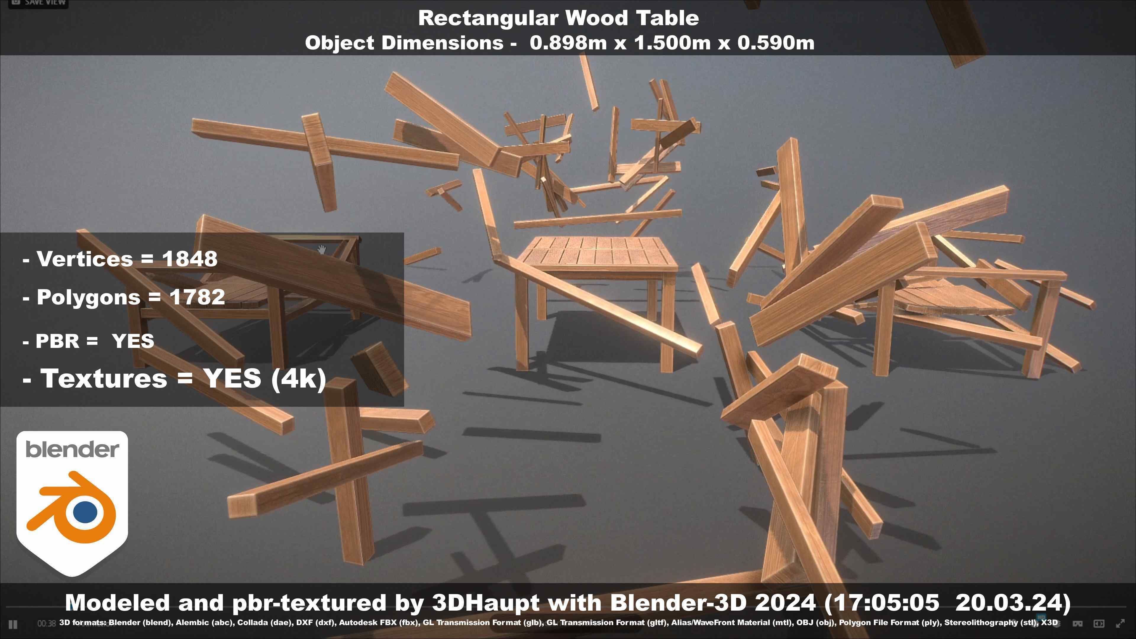 Rectangular Wood Table with Destruction Animations Low-poly 3D model_55