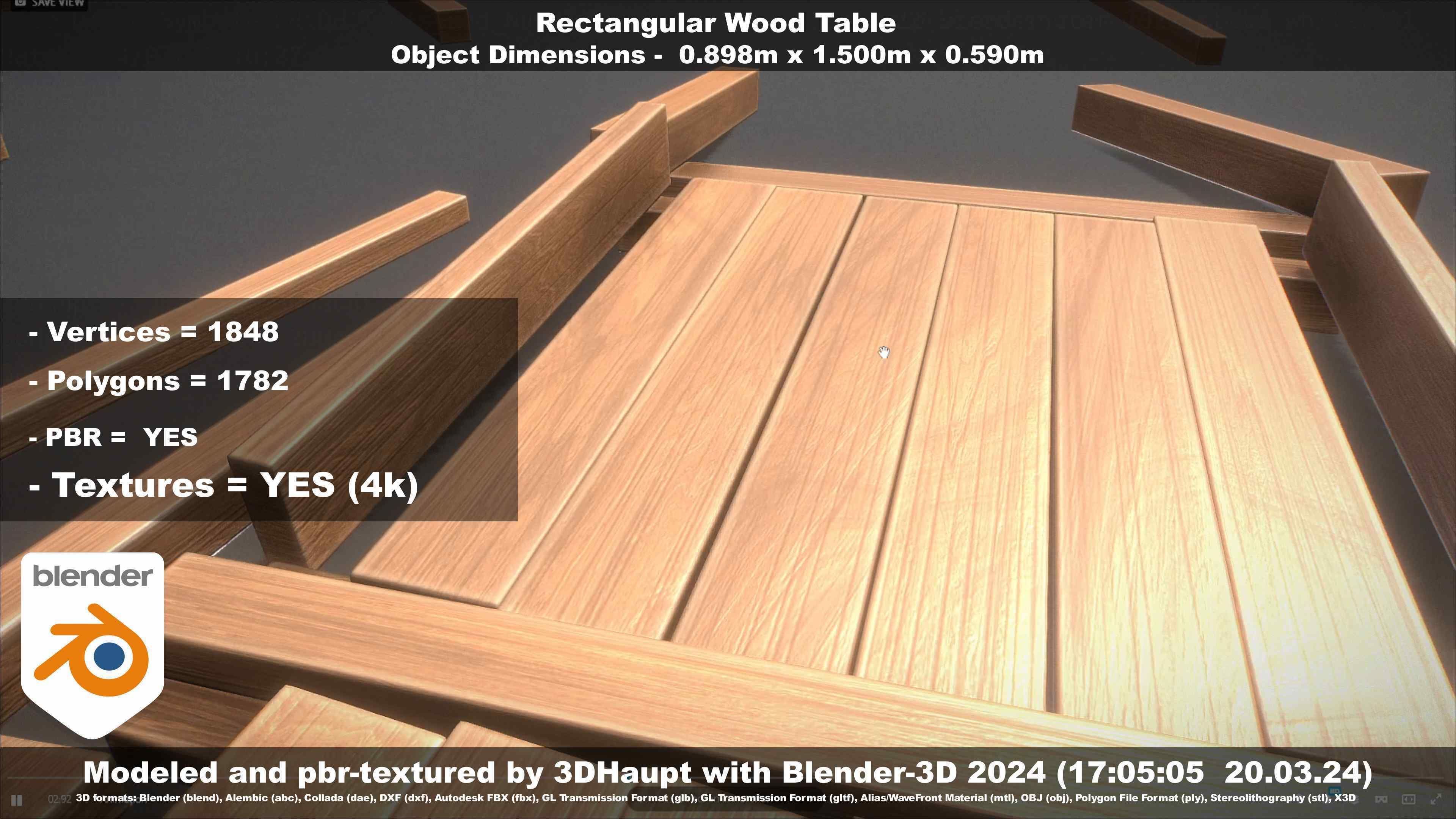 Rectangular Wood Table with Destruction Animations Low-poly 3D model_135