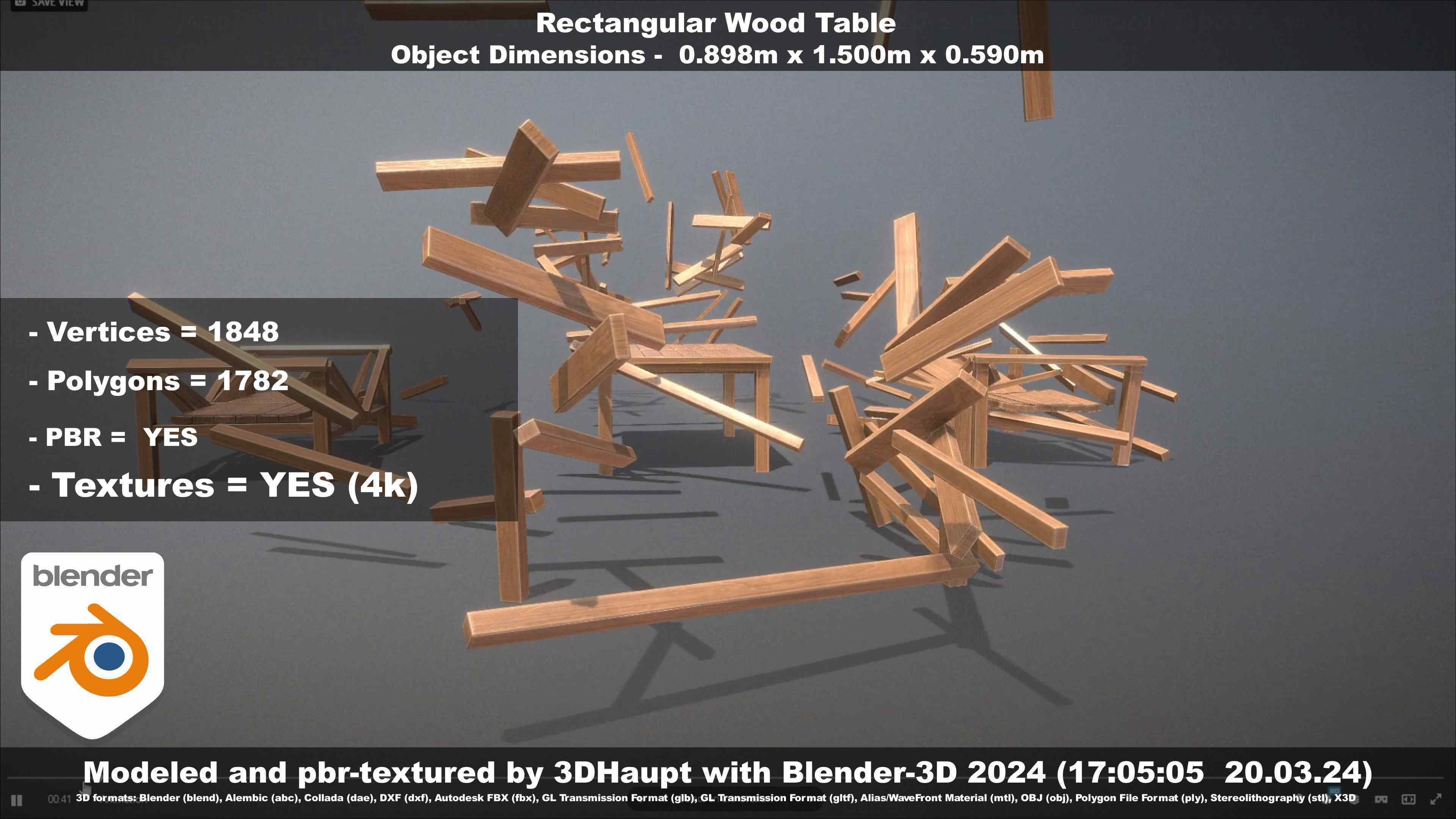 Rectangular Wood Table with Destruction Animations Low-poly 3D model_23