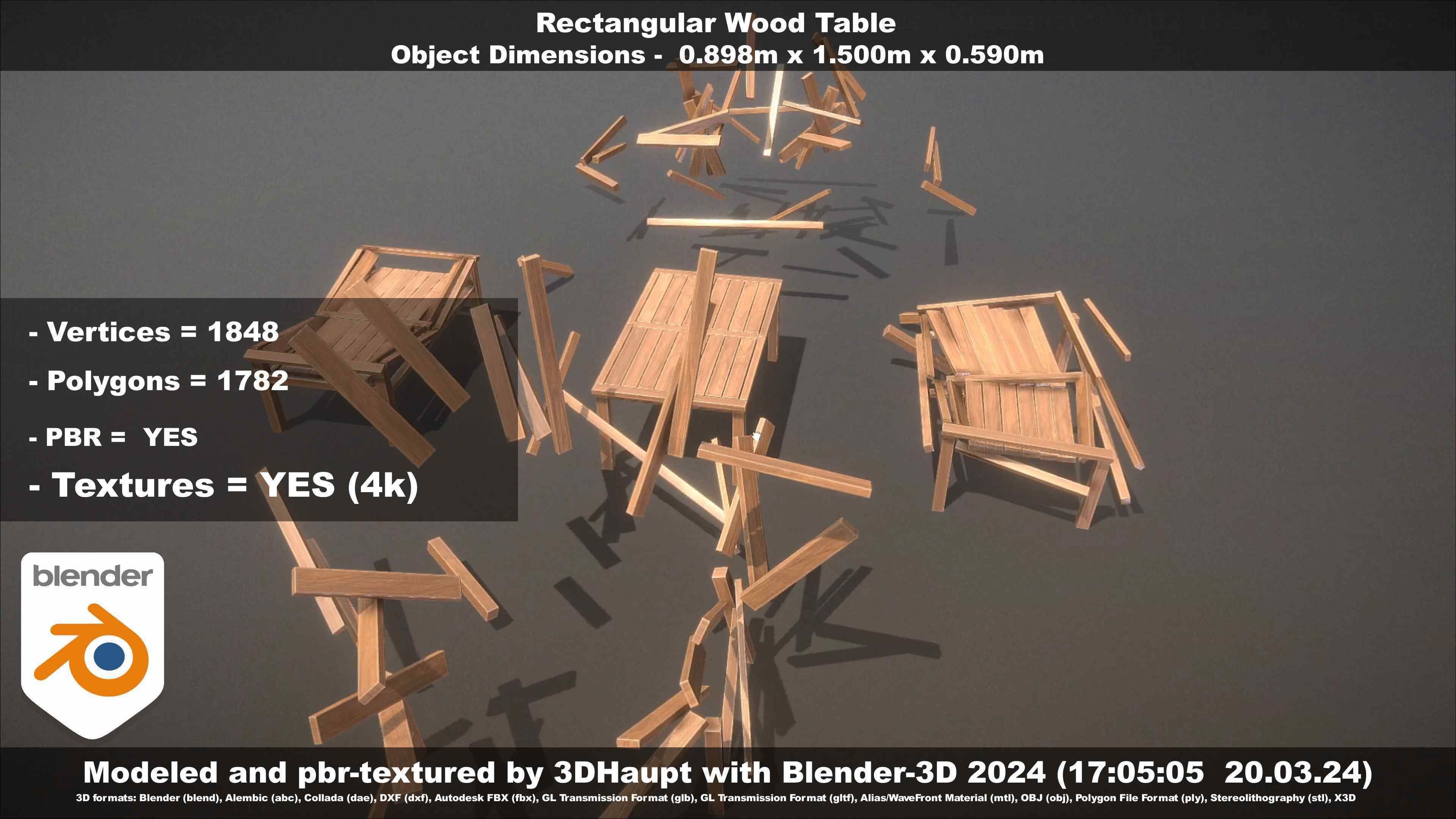 Rectangular Wood Table with Destruction Animations Low-poly 3D model_122