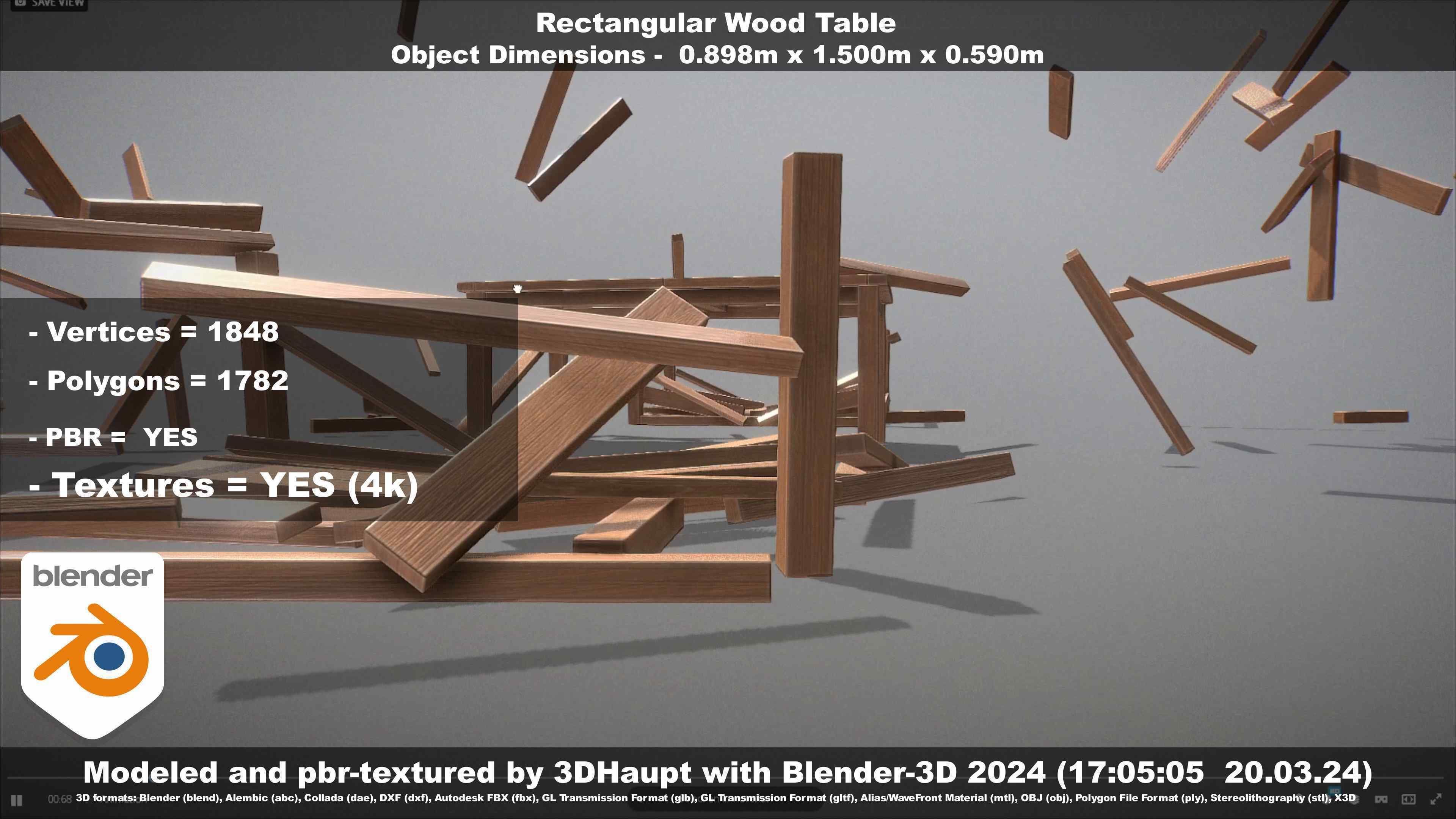 Rectangular Wood Table with Destruction Animations Low-poly 3D model_52
