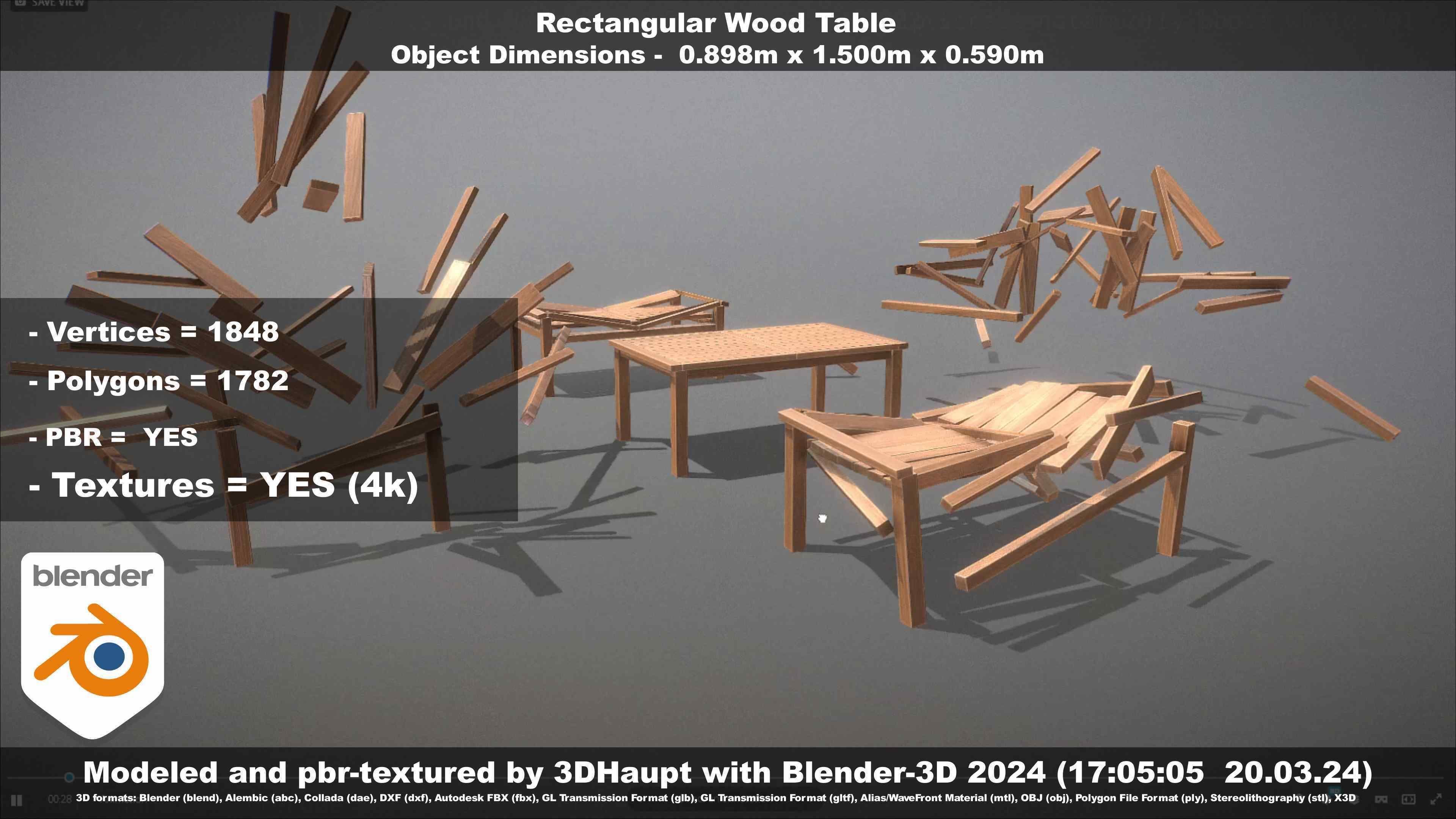 Rectangular Wood Table with Destruction Animations Low-poly 3D model_21