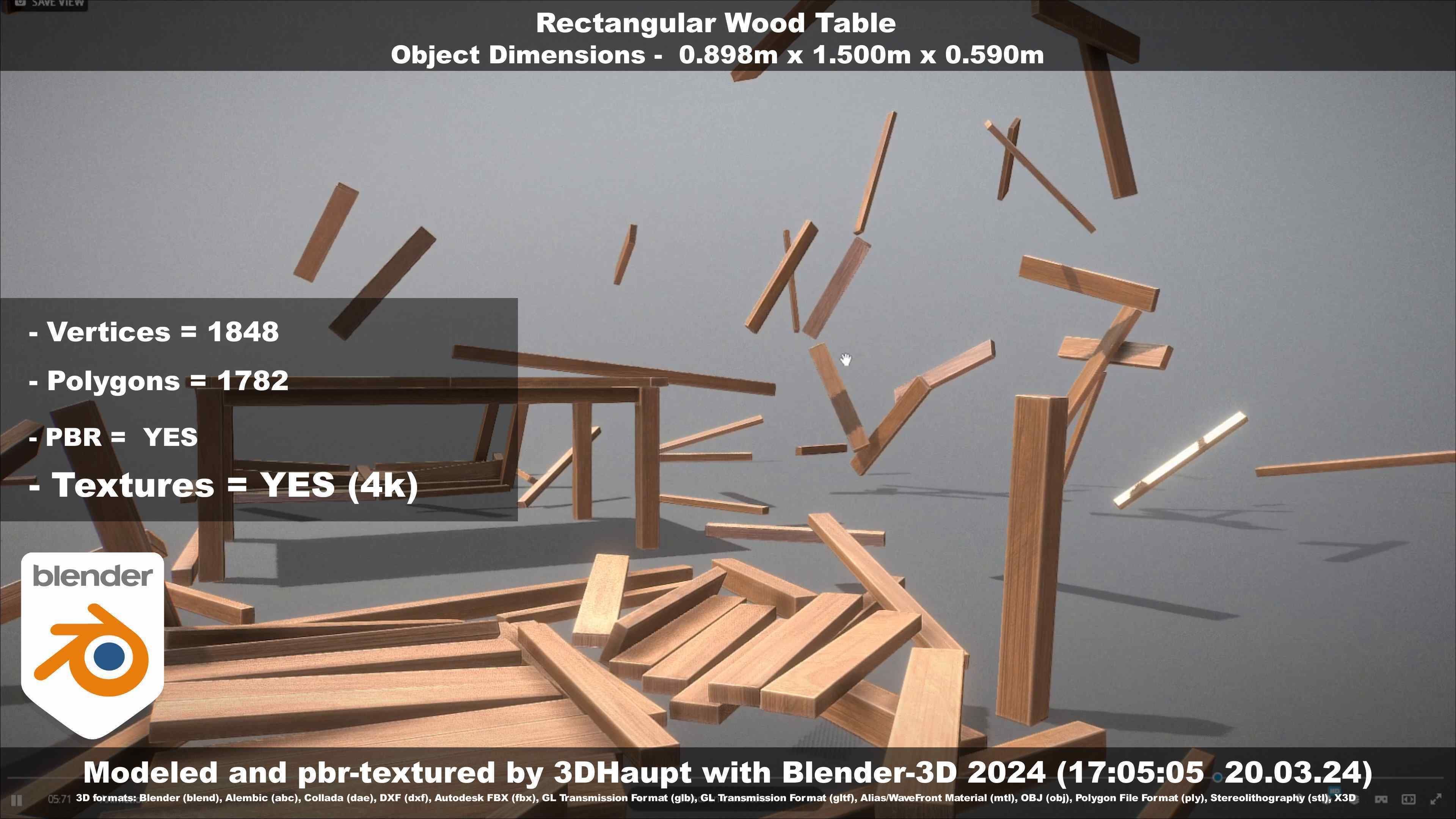 Rectangular Wood Table with Destruction Animations Low-poly 3D model_109