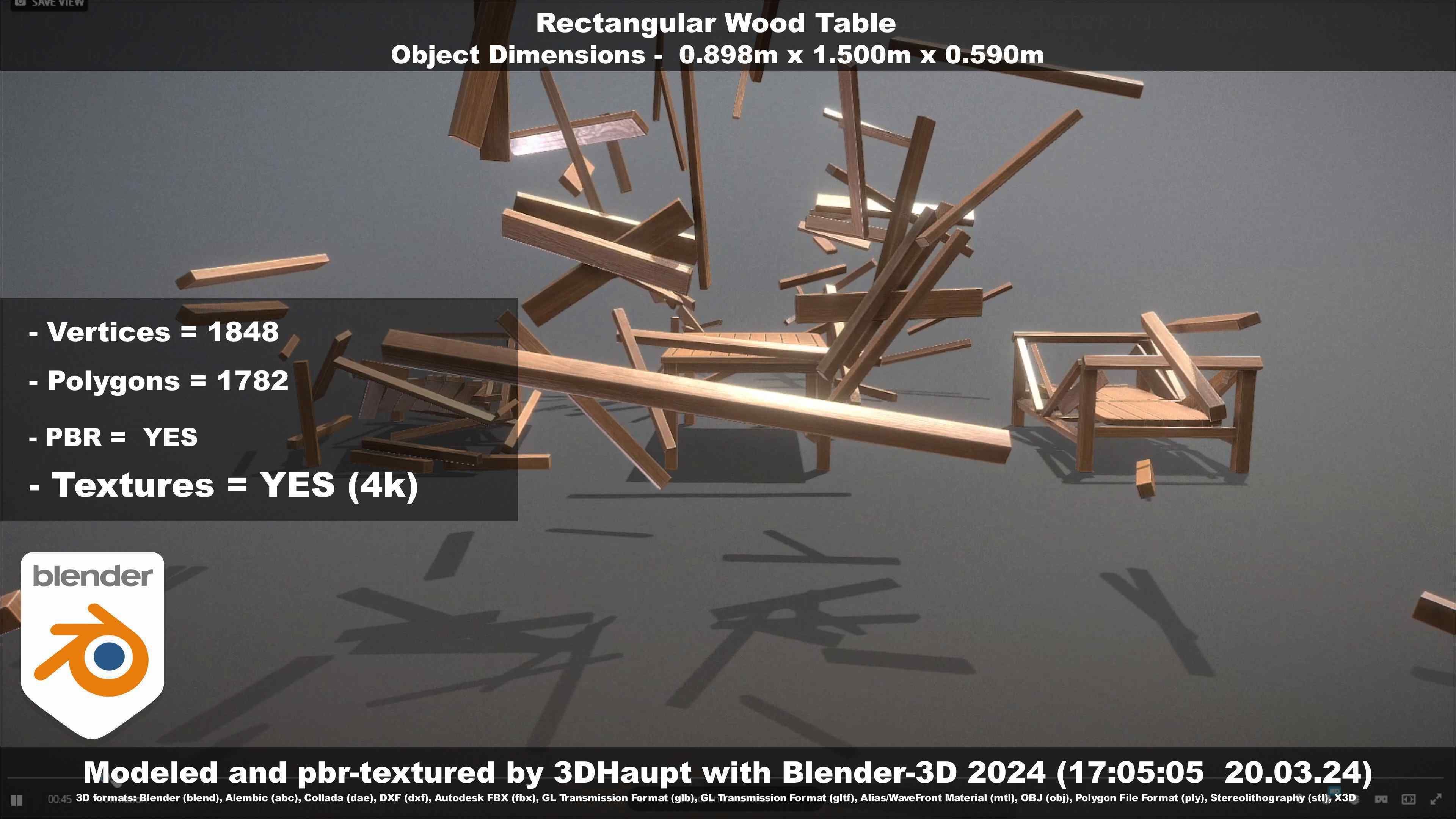 Rectangular Wood Table with Destruction Animations Low-poly 3D model_22